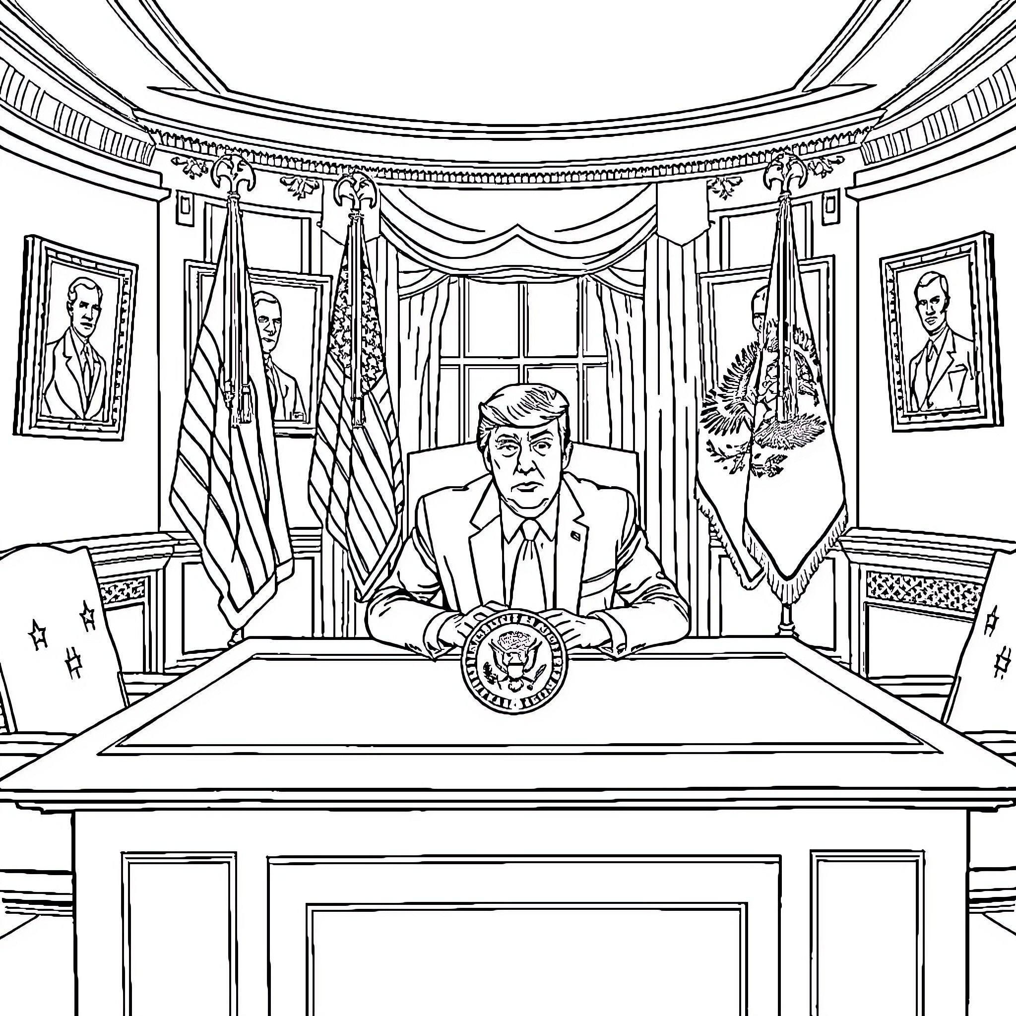 Trump in the Oval Office, surrounded by flags and portraits Coloring Page (free black-and-white line drawing printable PDF for all, from beginners to advanced learners, including children, teens, adults, and seniors)