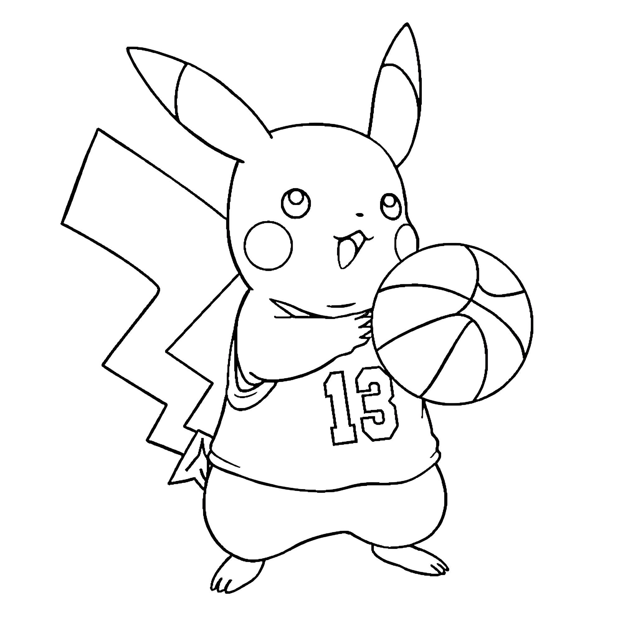 Pikachu playing with a basketball Coloring Page (free black-and-white line drawing printable PDF for all, from beginners to advanced learners, including children, teens, adults, and seniors)