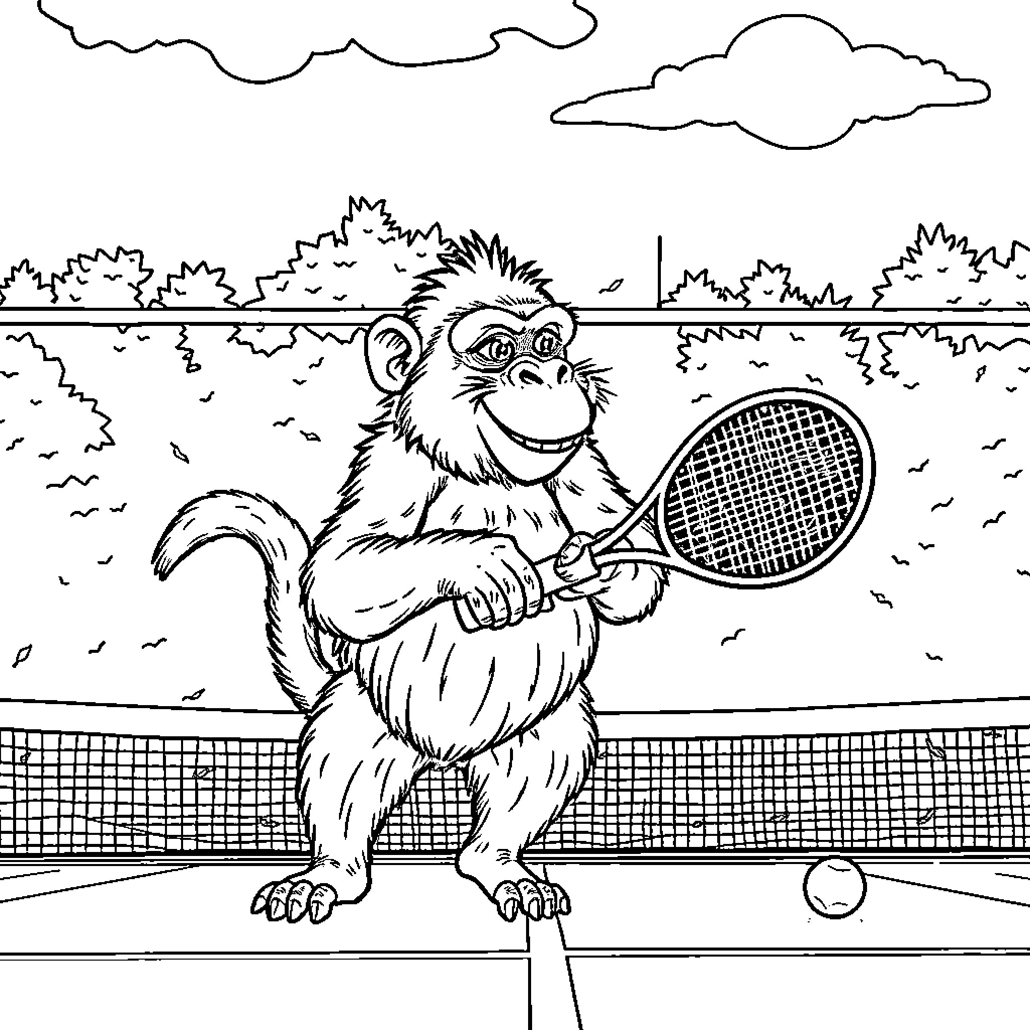 Gorilla playing tennis on the court Coloring Page (free black-and-white line drawing printable PDF for all, from beginners to advanced learners, including children, teens, adults, and seniors)