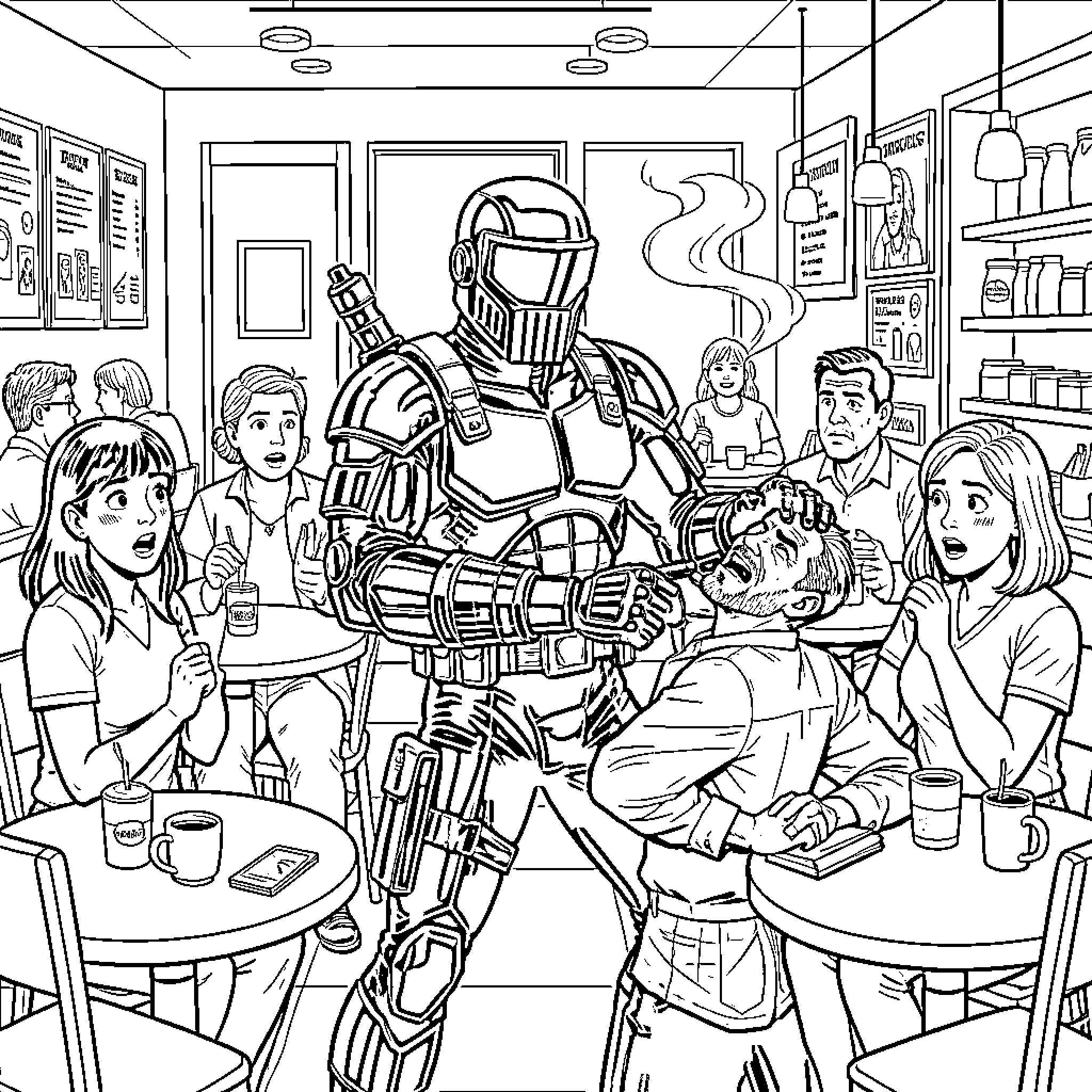 Judge Dredd arrests criminal in diner setting Coloring Page (free black-and-white line drawing printable PDF for all, from beginners to advanced learners, including children, teens, adults, and seniors)