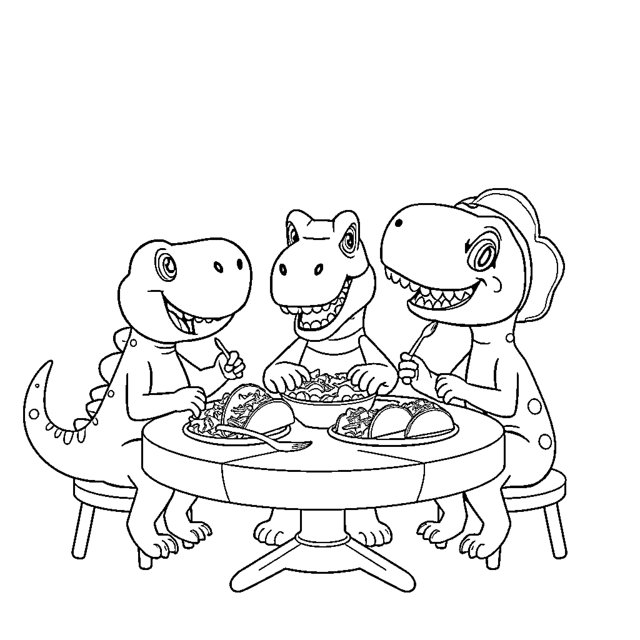 T-Rex Family Enjoying Dinner Together Coloring Page (free black-and-white line drawing printable PDF for all, from beginners to advanced learners, including children, teens, adults, and seniors)
