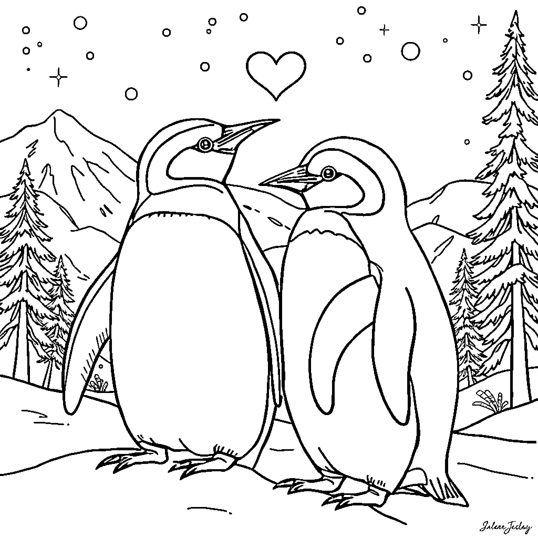 Penguin couple sharing a loving moment in snowy landscape Coloring Page (free black-and-white line drawing printable PDF for all, from beginners to advanced learners, including children, teens, adults, and seniors)