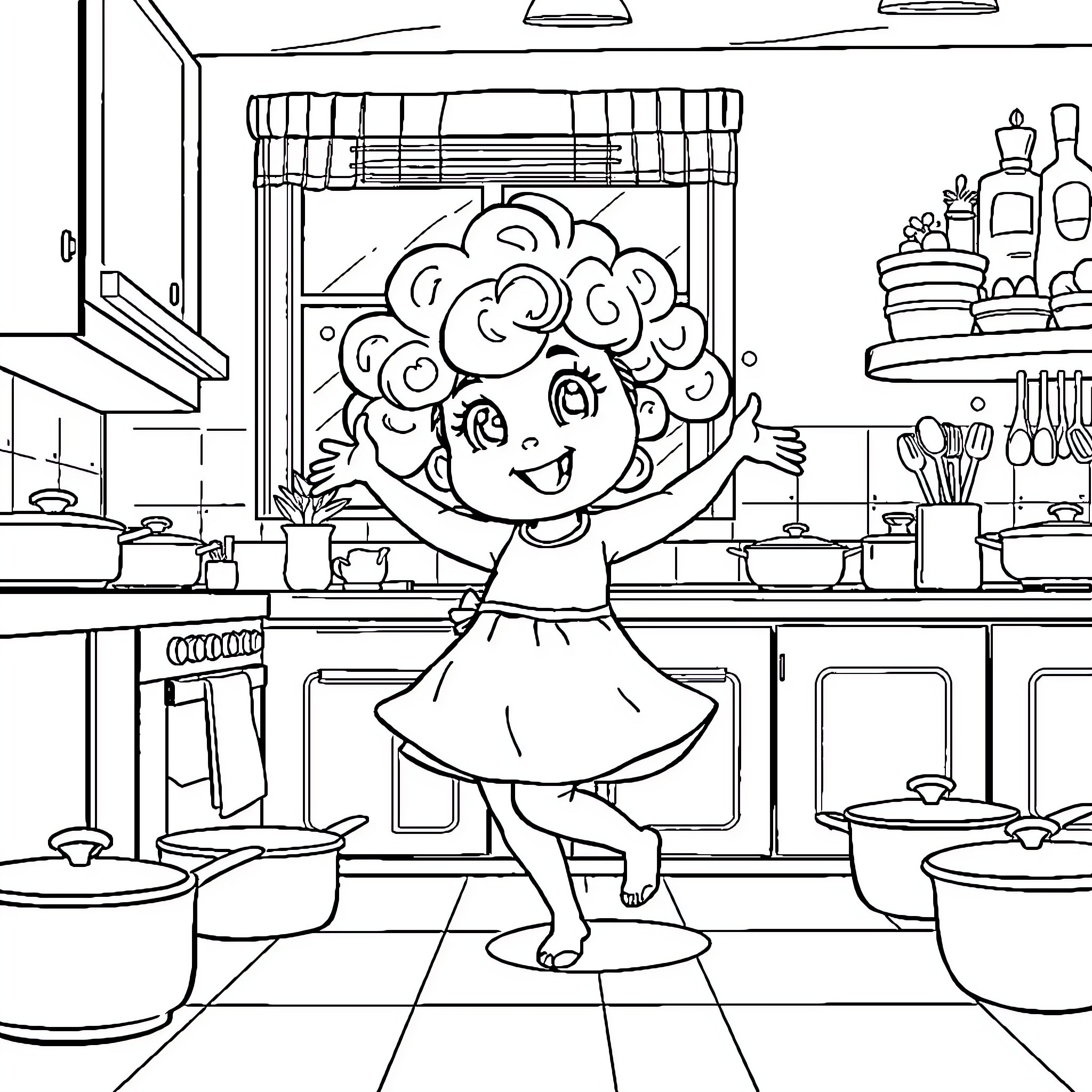 Booba's Joyful Dance in the Kitchen Coloring Page (free black-and-white line drawing printable PDF for all, from beginners to advanced learners, including children, teens, adults, and seniors)