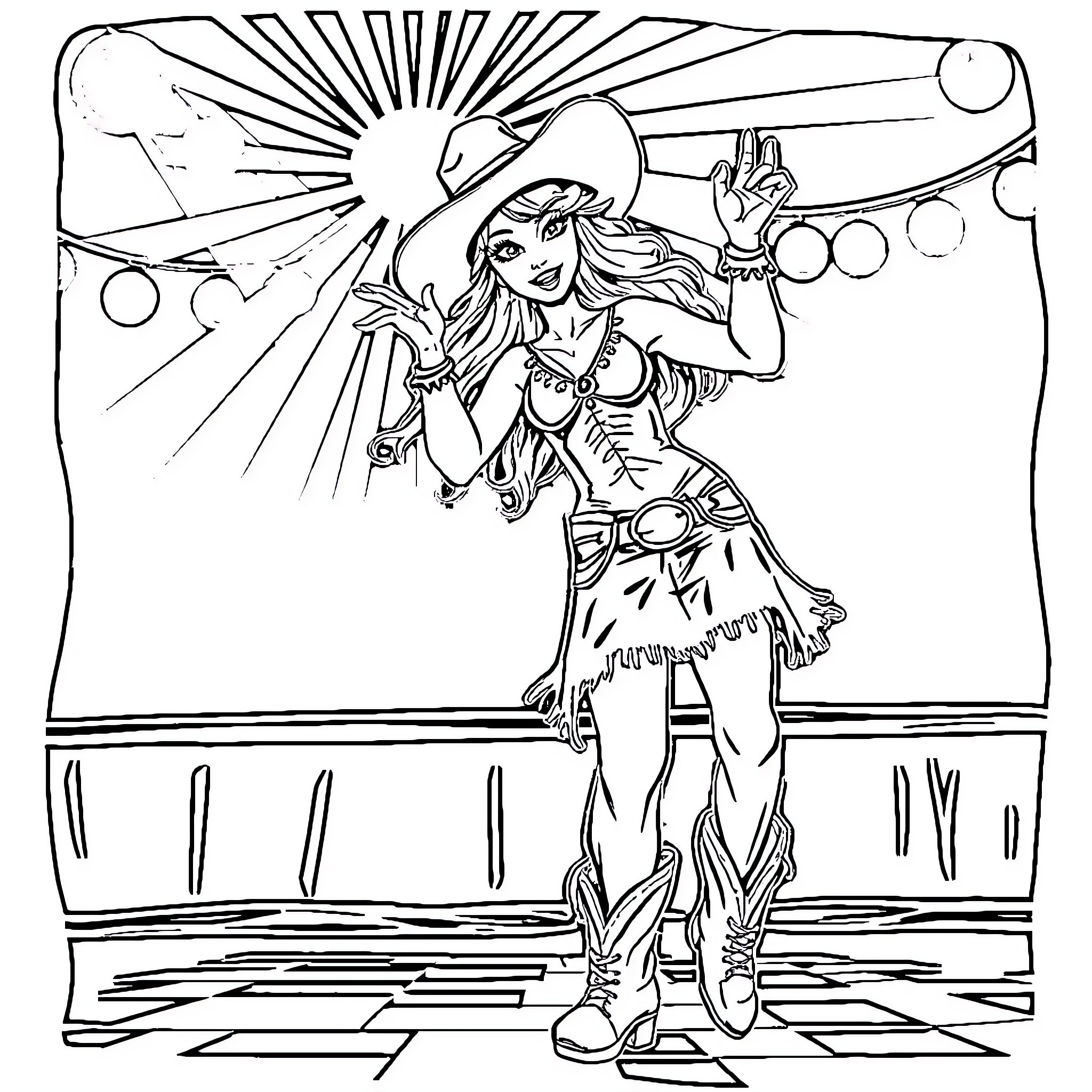 Cowgirl enjoying the sunshine with a stylish outfit Coloring Page (free black-and-white line drawing printable PDF for all, from beginners to advanced learners, including children, teens, adults, and seniors)