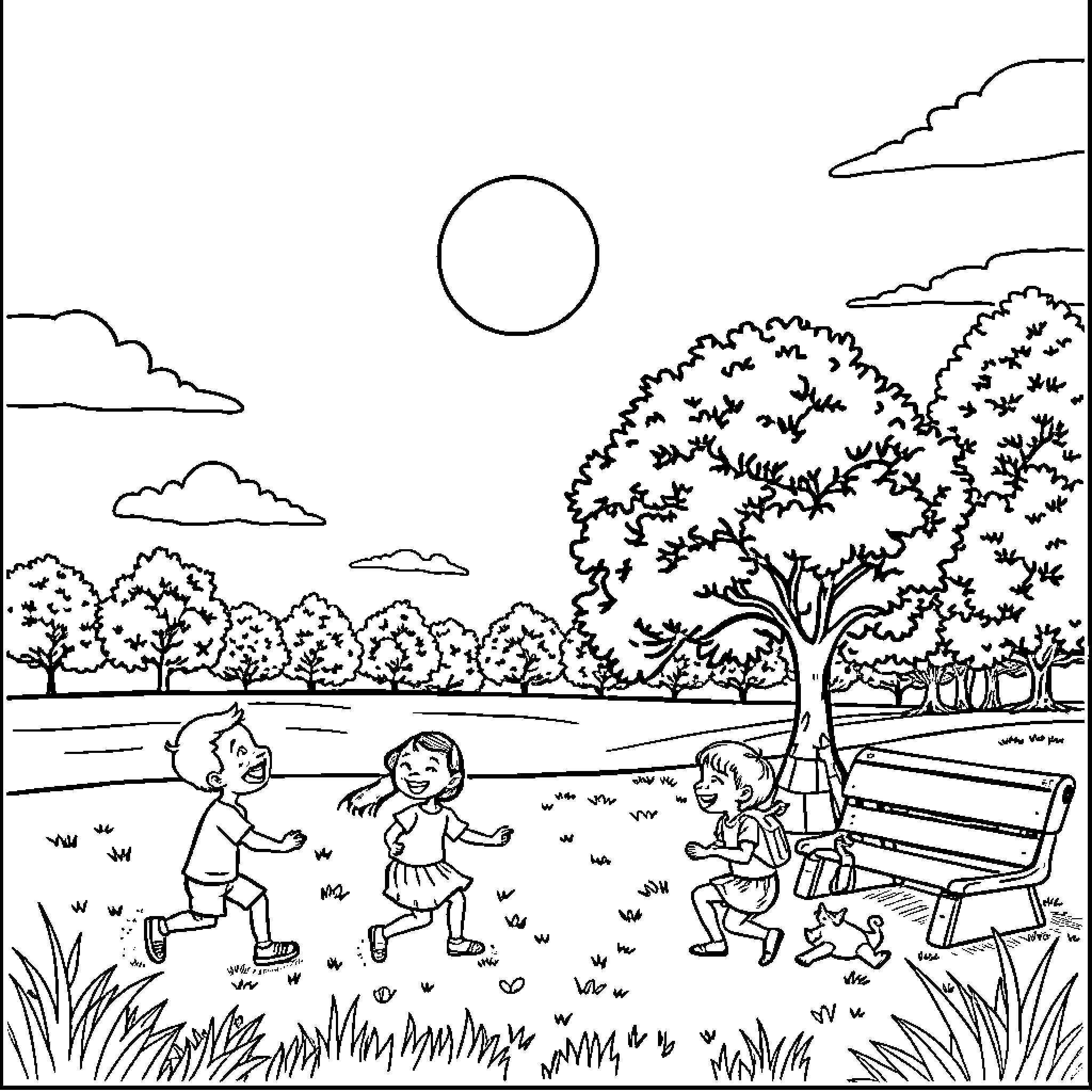 Sun shines on children playing joyfully in park Coloring Page (free black-and-white line drawing printable PDF for all, from beginners to advanced learners, including children, teens, adults, and seniors)