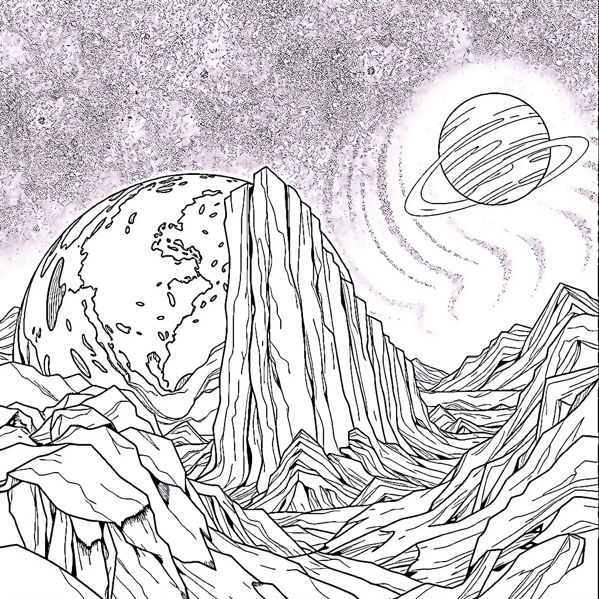 Dios' Cosmic Landscape Coloring Page (free black-and-white line drawing printable PDF for all, from beginners to advanced learners, including children, teens, adults, and seniors)