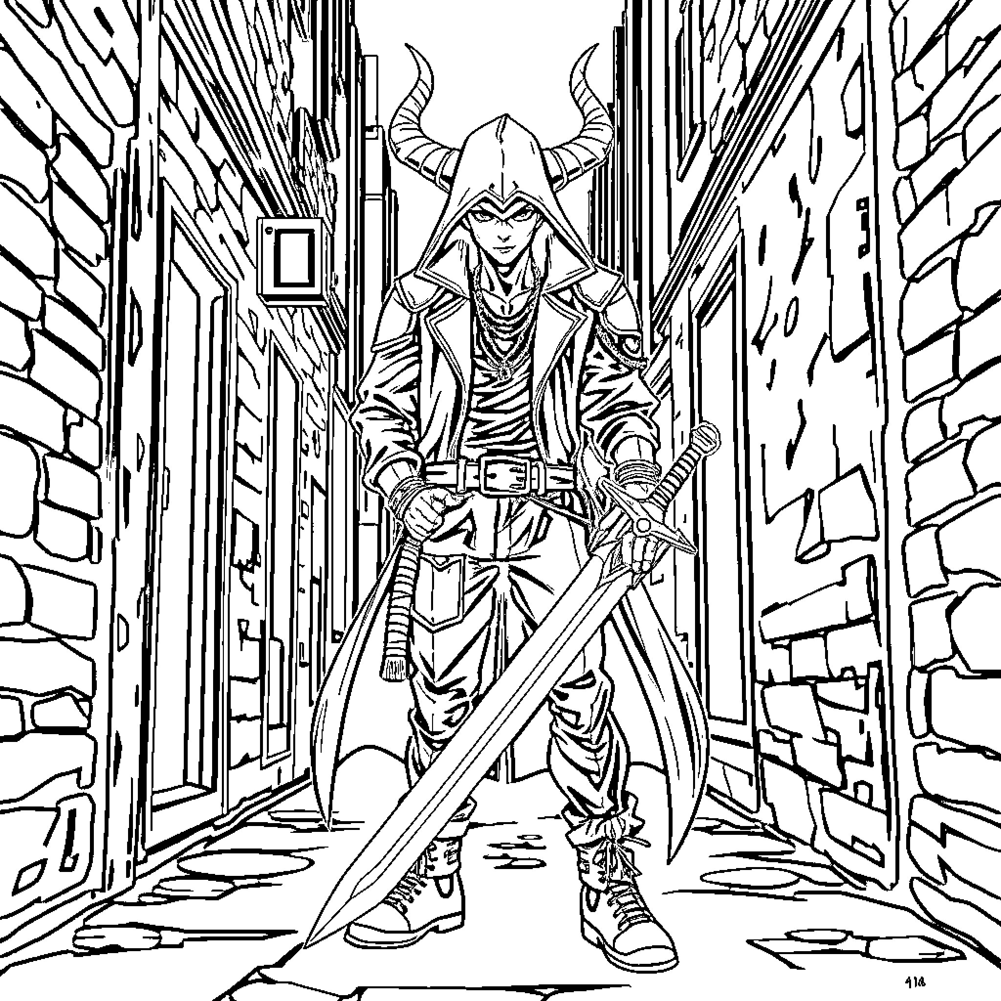 Demon Hunter wielding a sword in a dark and gloomy alleyway Coloring Page (free black-and-white line drawing printable PDF for all, from beginners to advanced learners, including children, teens, adults, and seniors)