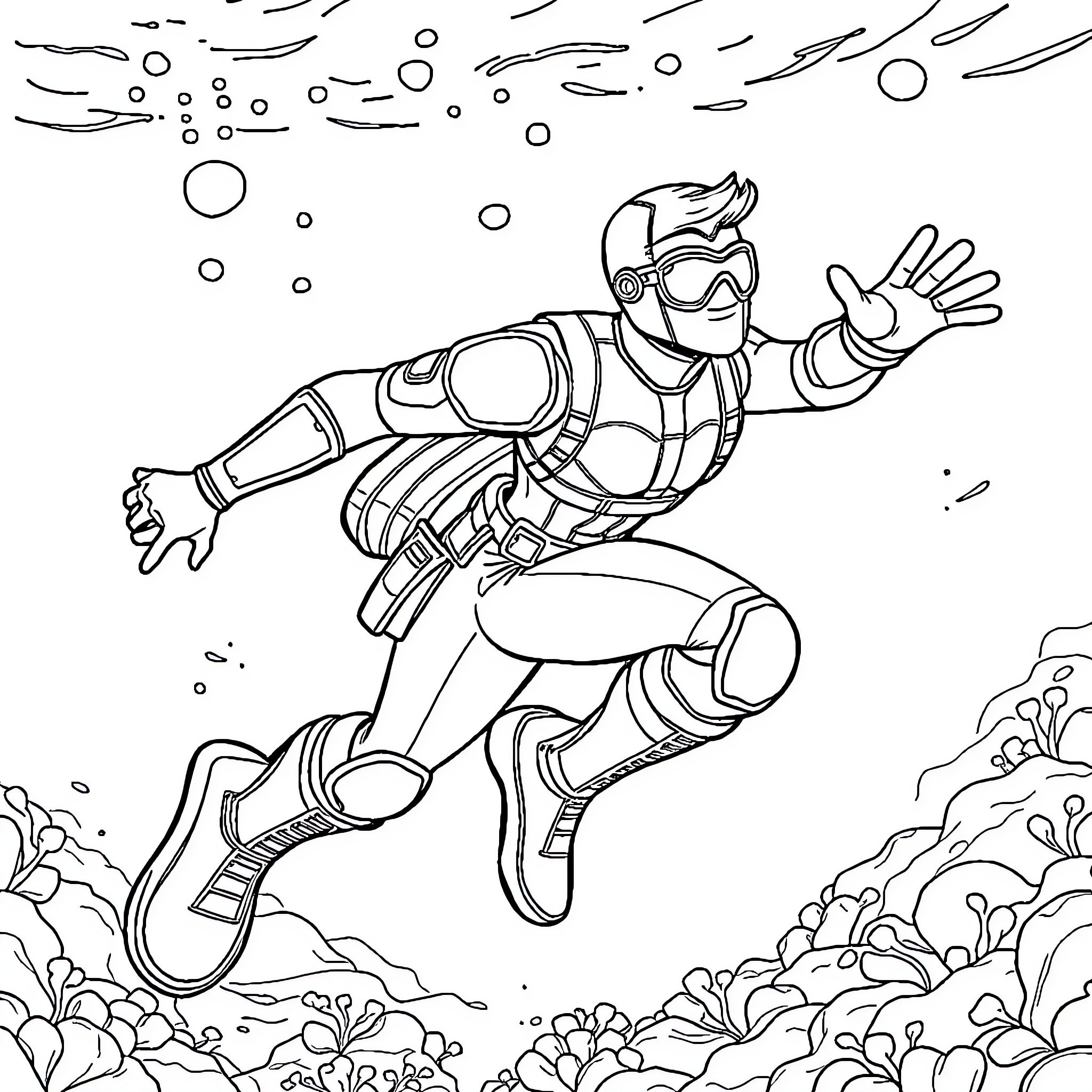 Superhero diving underwater on an adventure Coloring Page (free black-and-white line drawing printable PDF for all, from beginners to advanced learners, including children, teens, adults, and seniors)