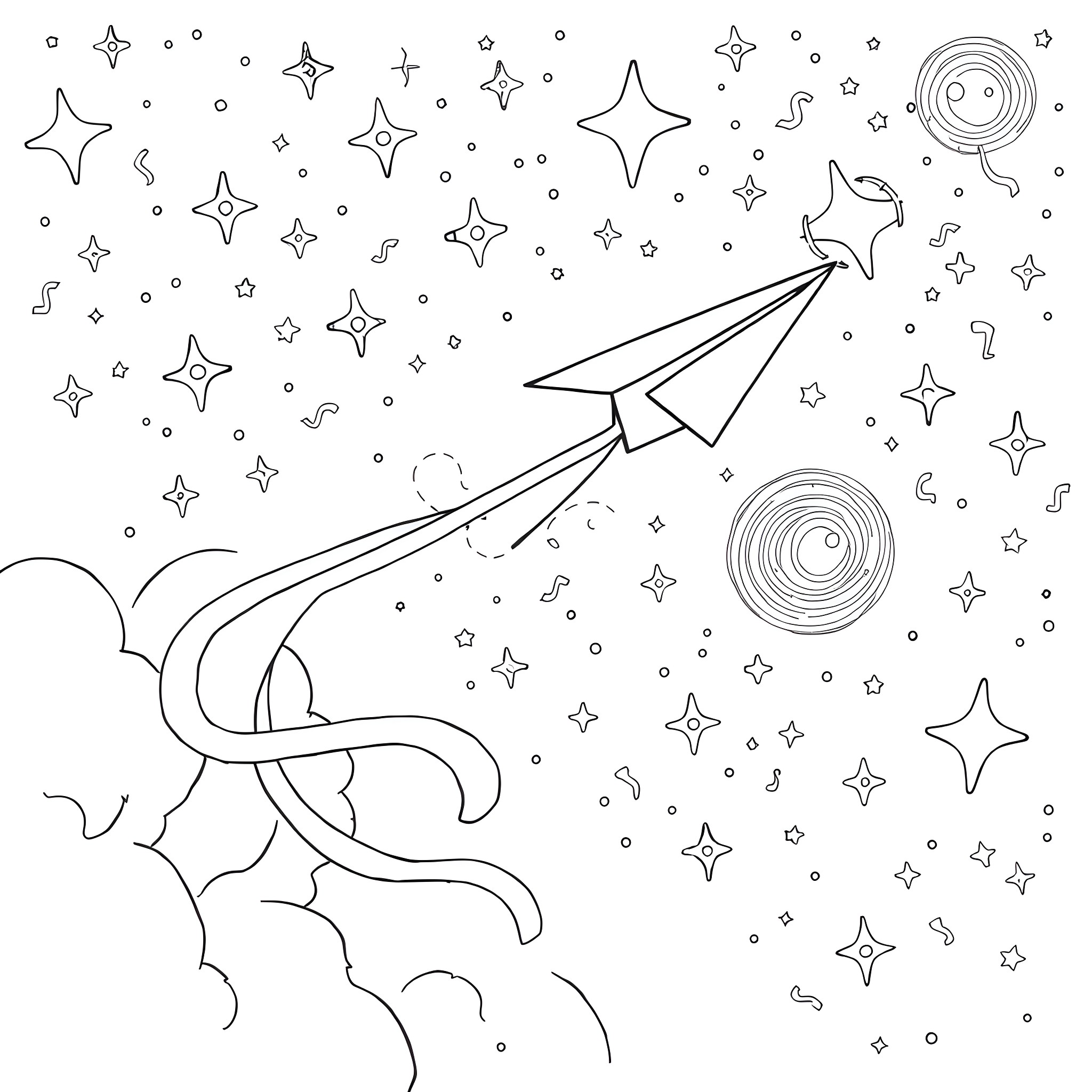 Paper Plane Soaring through Starry Night Sky Coloring Page (free black-and-white line drawing printable PDF for all, from beginners to advanced learners, including children, teens, adults, and seniors)