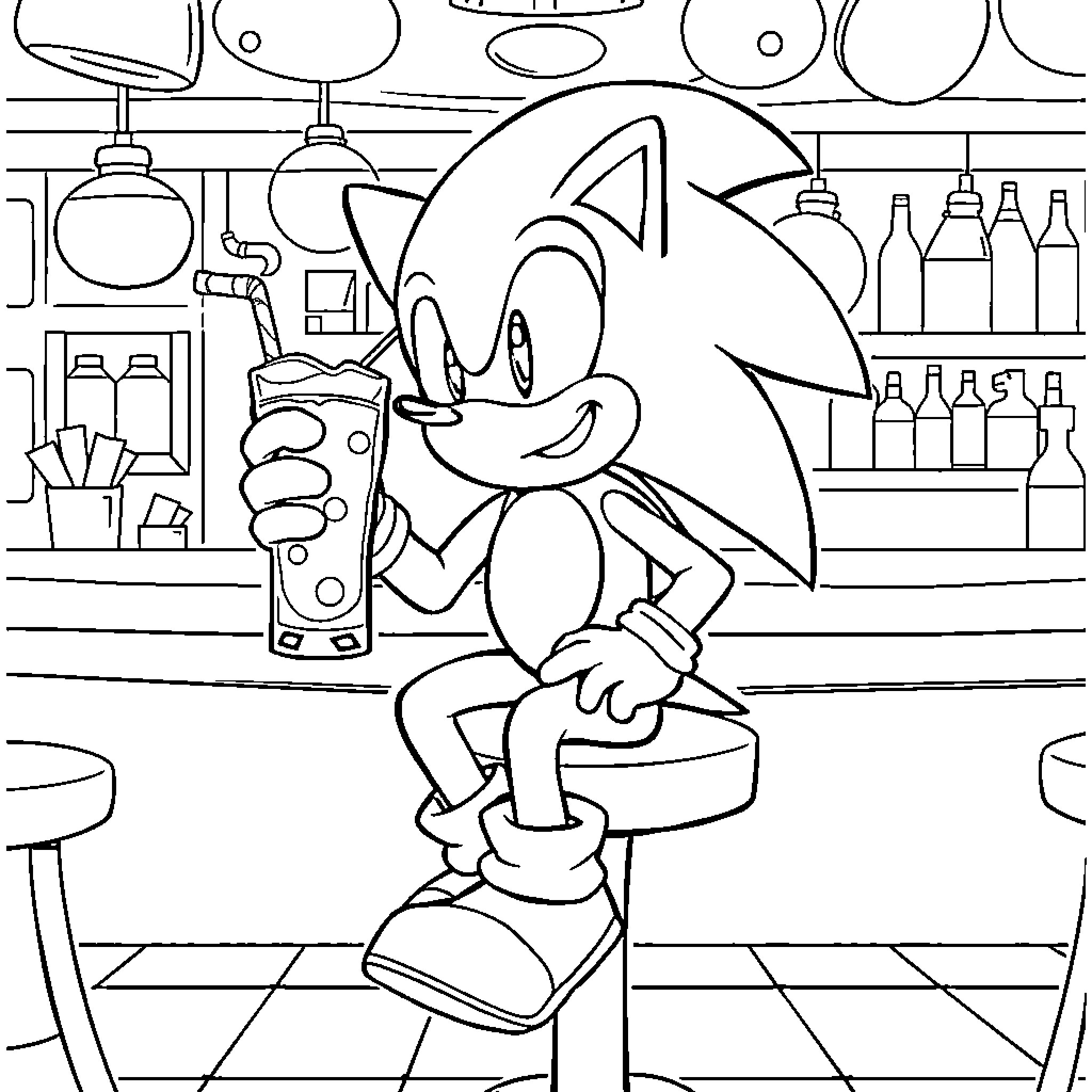 Sonic Enjoying a Refreshing Drink in the Diner Coloring Page (free black-and-white line drawing printable PDF for all, from beginners to advanced learners, including children, teens, adults, and seniors)