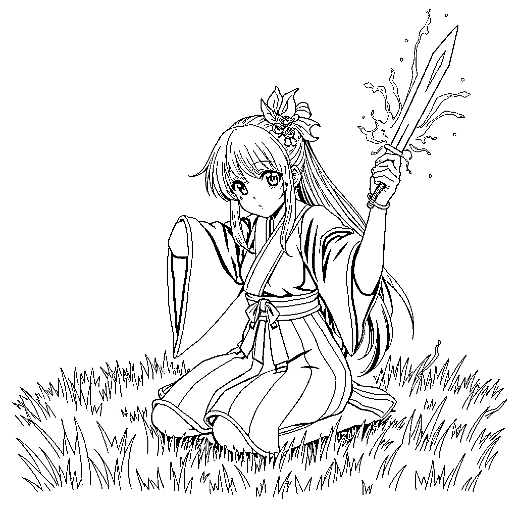 Hanabi - Young Warrior Wielding Sword in Grass Coloring Page (free black-and-white line drawing printable PDF for all, from beginners to advanced learners, including children, teens, adults, and seniors)
