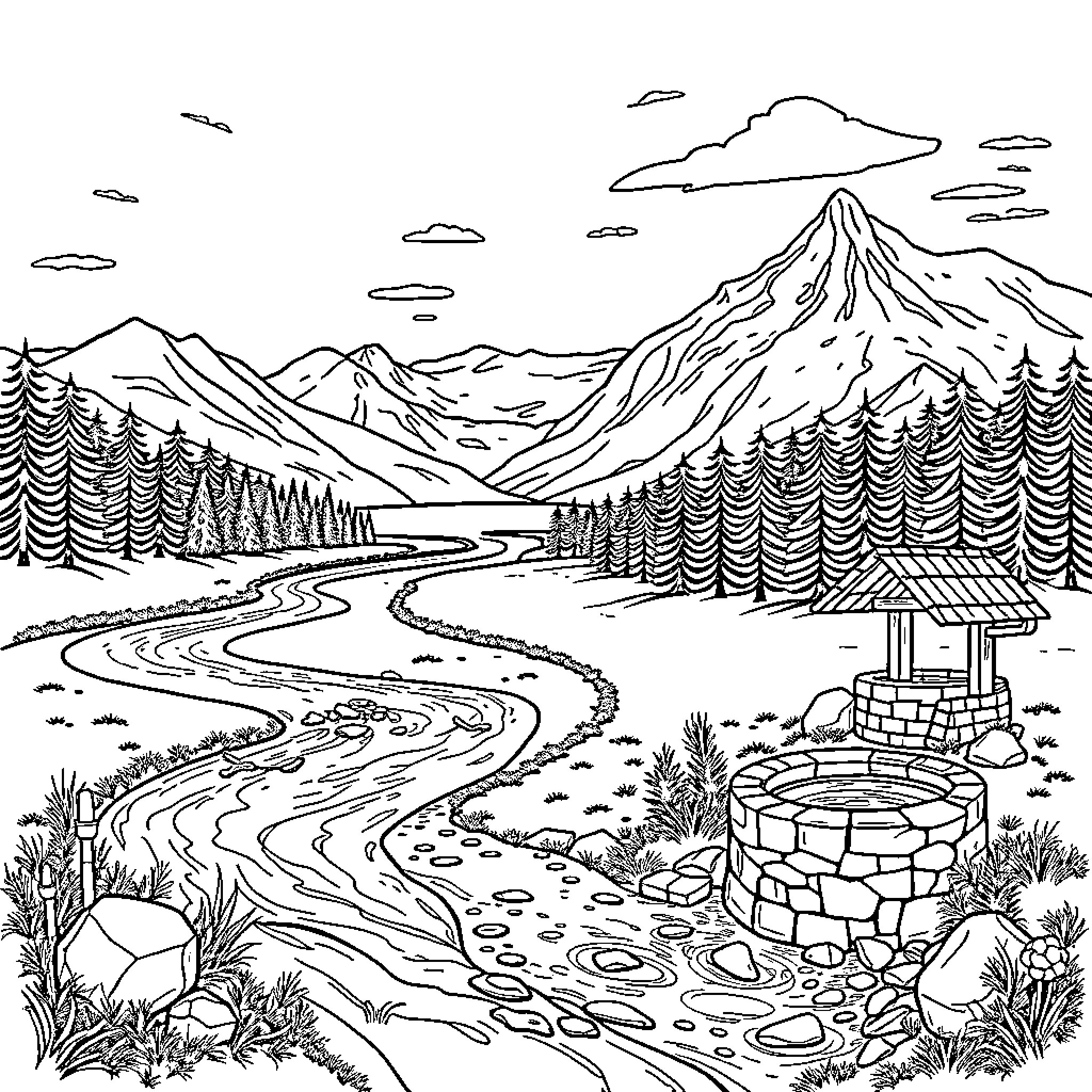 Landscape with winding path and scenic mountains Coloring Page (free black-and-white line drawing printable PDF for all, from beginners to advanced learners, including children, teens, adults, and seniors)