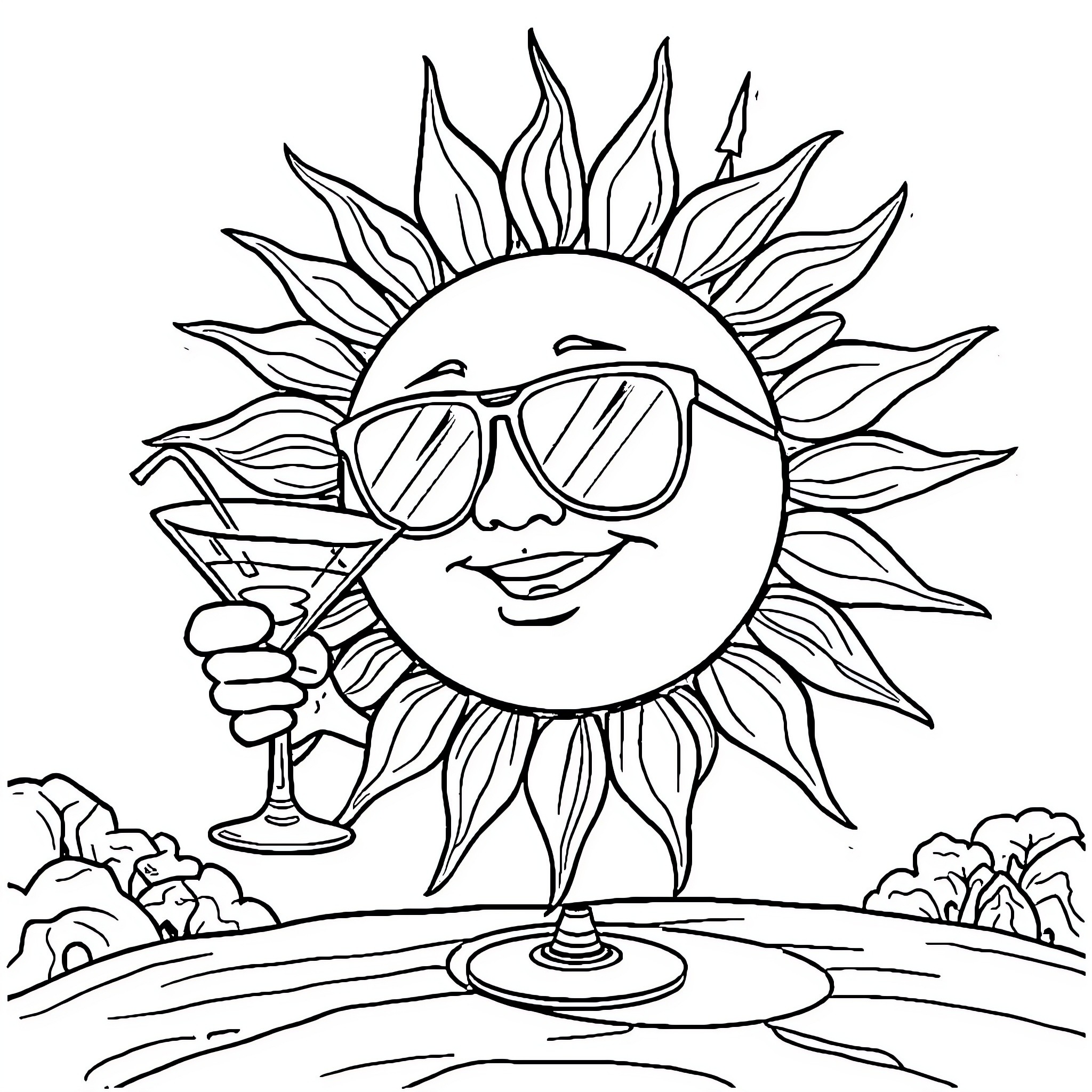 Sun enjoying a tropical drink on the beach Coloring Page (free black-and-white line drawing printable PDF for all, from beginners to advanced learners, including children, teens, adults, and seniors)