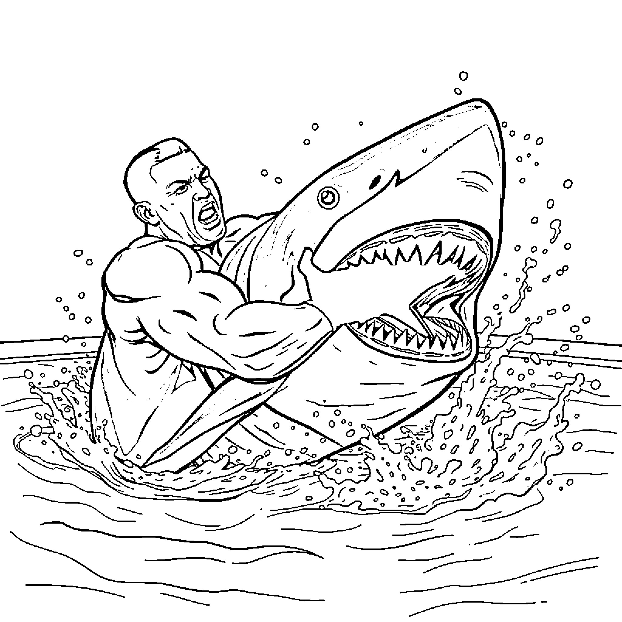John Cena wrestles a giant shark in the water Coloring Page (free black-and-white line drawing printable PDF for all, from beginners to advanced learners, including children, teens, adults, and seniors)