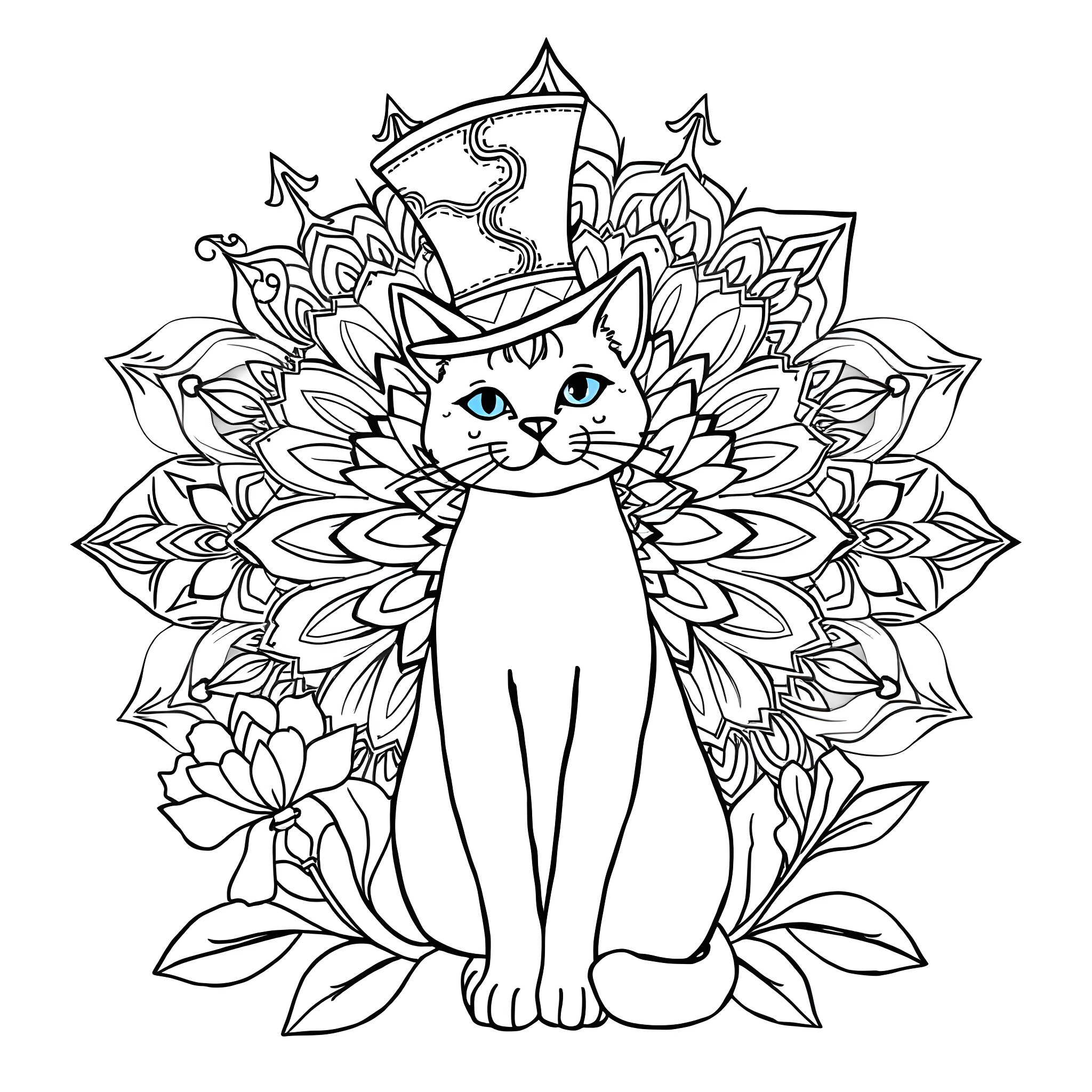 Cat in a floral mandala setting Coloring Page (free black-and-white line drawing printable PDF for all, from beginners to advanced learners, including children, teens, adults, and seniors)