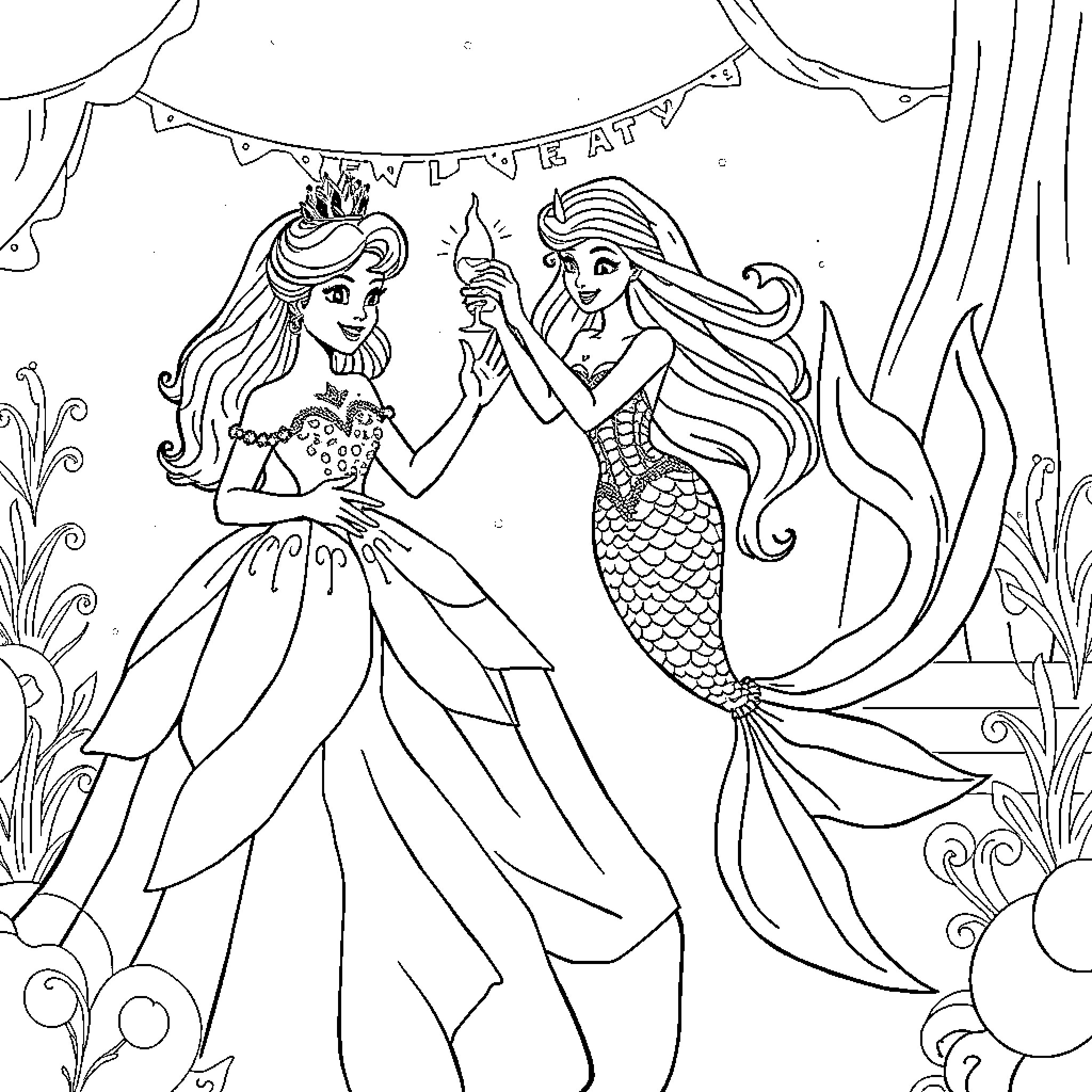 Princess Birthday Party with Mermaid Friends Coloring Page (free black-and-white line drawing printable PDF for all, from beginners to advanced learners, including children, teens, adults, and seniors)