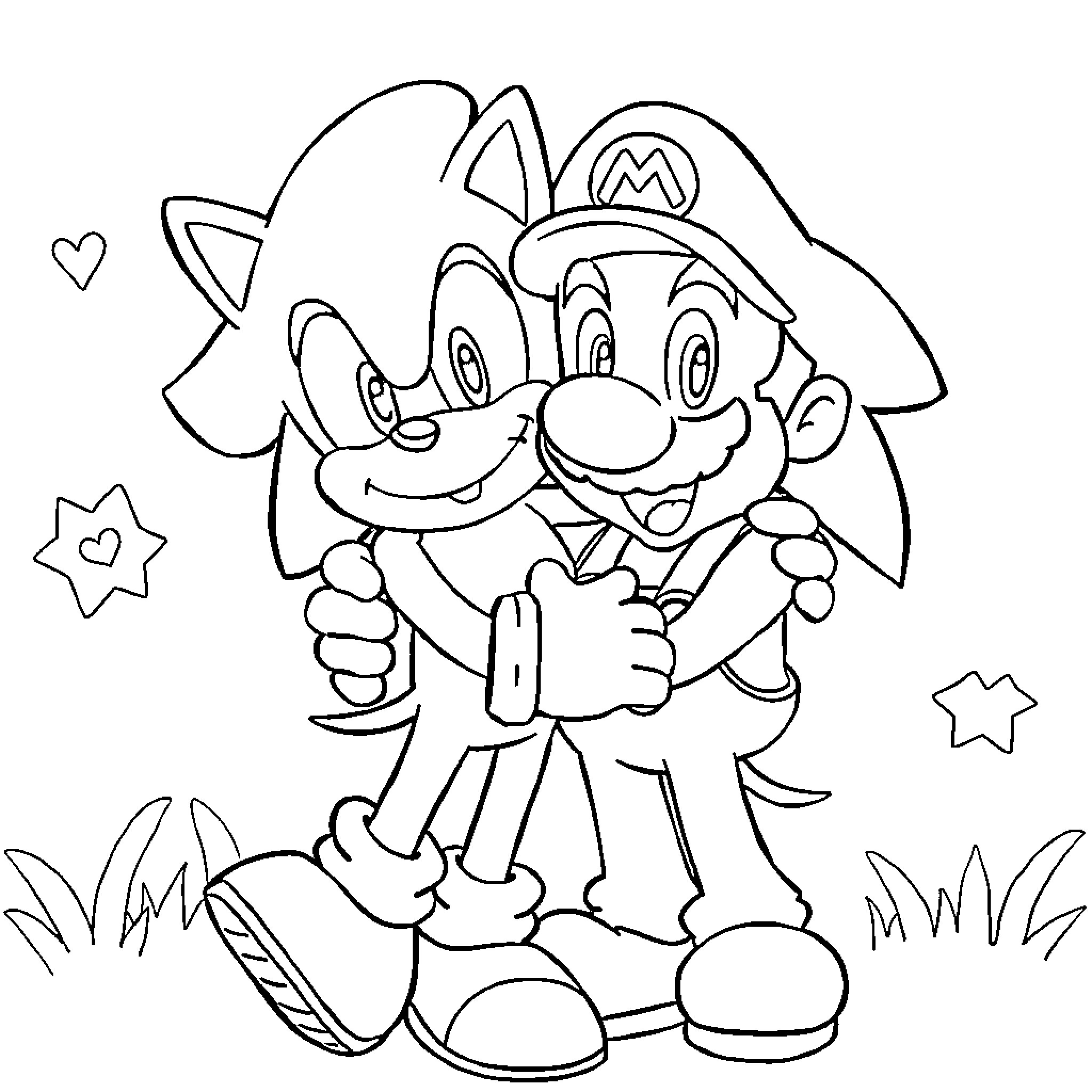 Sonic and Mario in Whimsical Embrace Coloring Page (free black-and-white line drawing printable PDF for all, from beginners to advanced learners, including children, teens, adults, and seniors)
