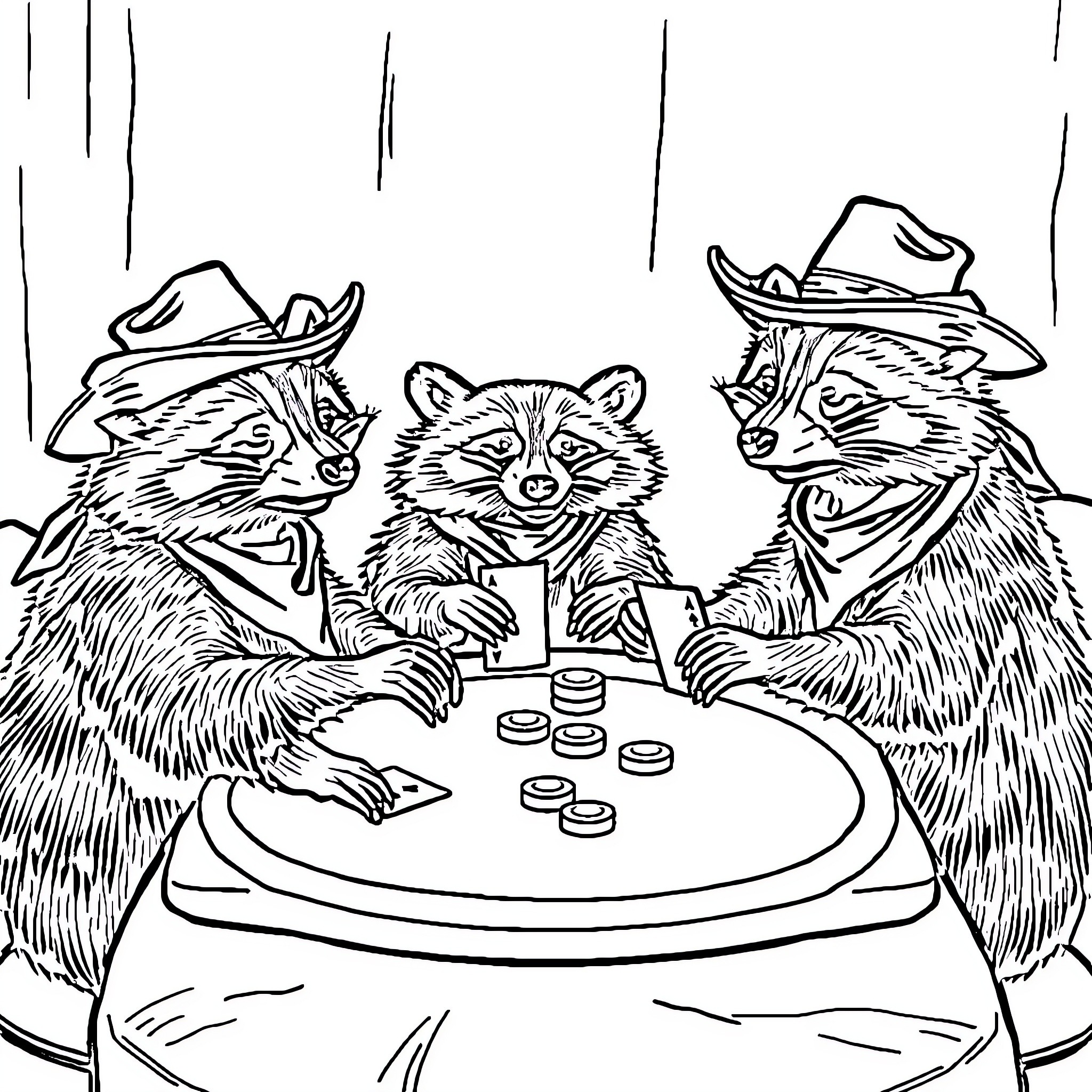 Raccoons playing cards in the rain Coloring Page (free black-and-white line drawing printable PDF for all, from beginners to advanced learners, including children, teens, adults, and seniors)