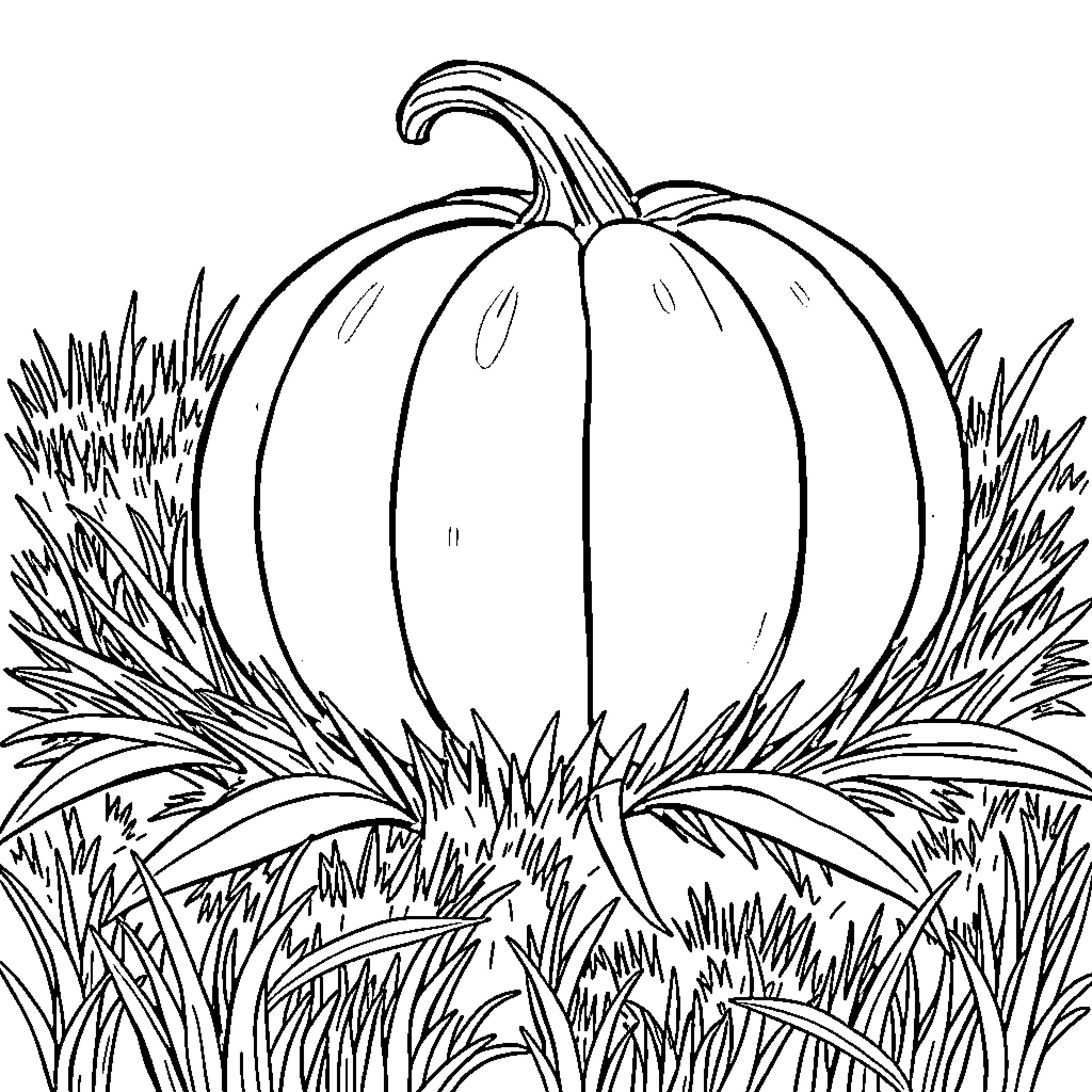 Pumpkin in the Grass Coloring Page (free black-and-white line drawing printable PDF for all, from beginners to advanced learners, including children, teens, adults, and seniors)