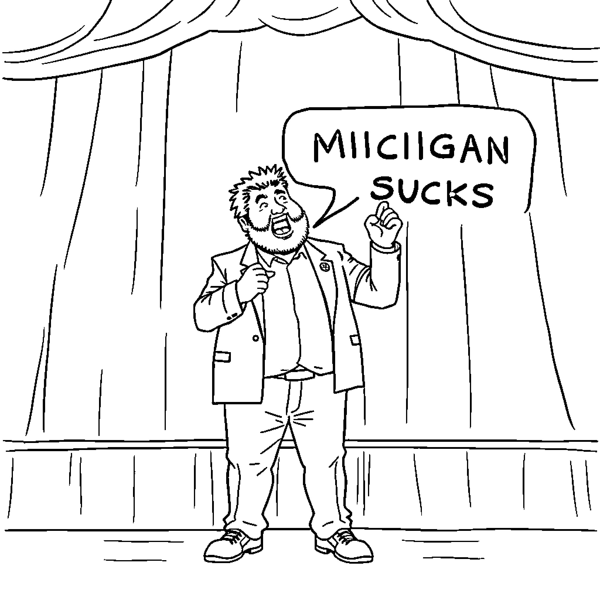 Jack Black on stage expressing disapproval Coloring Page (free black-and-white line drawing printable PDF for all, from beginners to advanced learners, including children, teens, adults, and seniors)