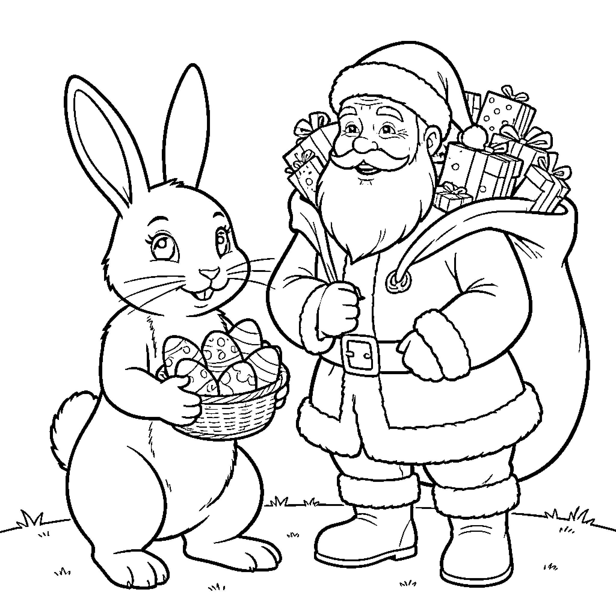 Bunny and Santa Claus with gifts Coloring Page (free black-and-white line drawing printable PDF for all, from beginners to advanced learners, including children, teens, adults, and seniors)