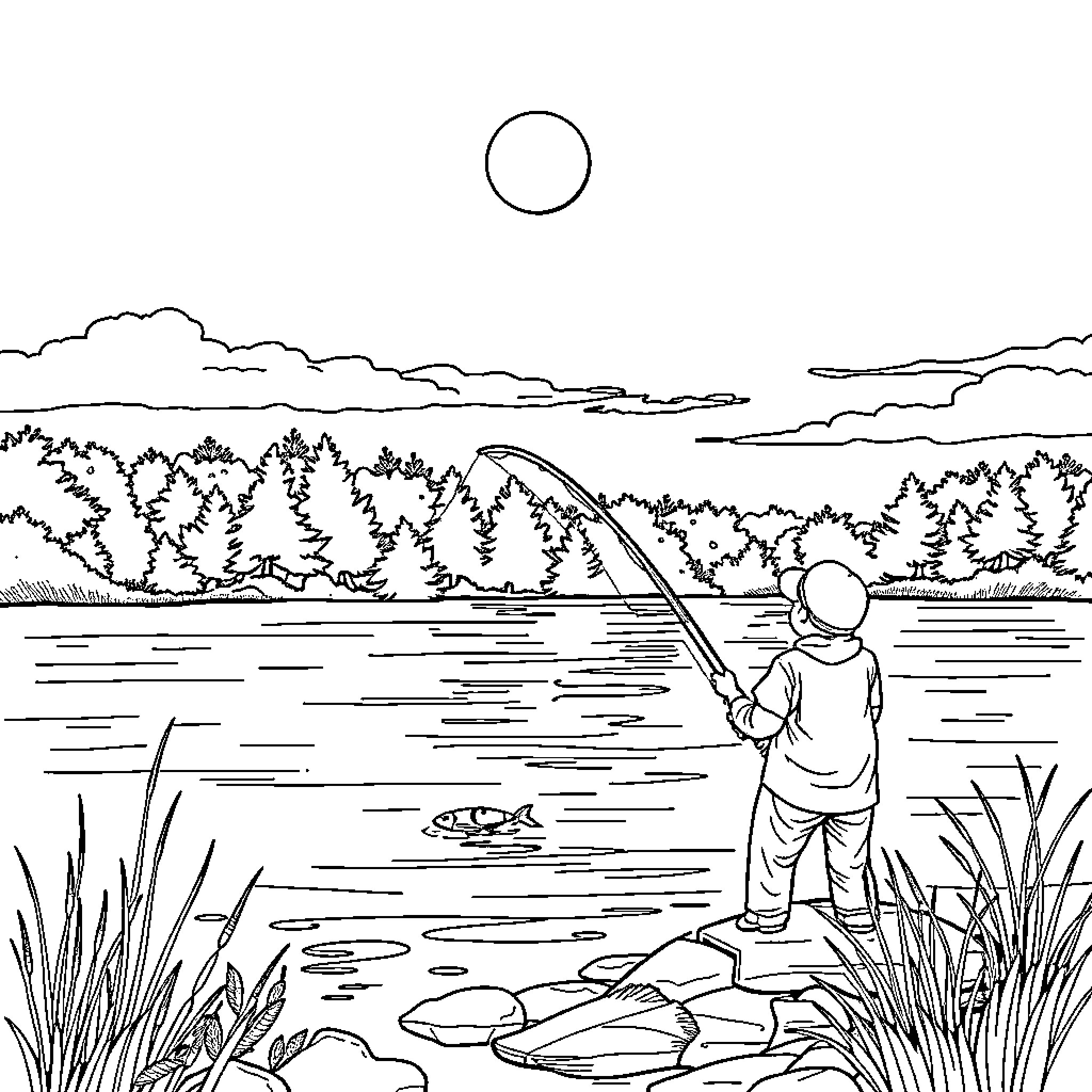 Fishing in the scenic lake Coloring Page (free black-and-white line drawing printable PDF for all, from beginners to advanced learners, including children, teens, adults, and seniors)