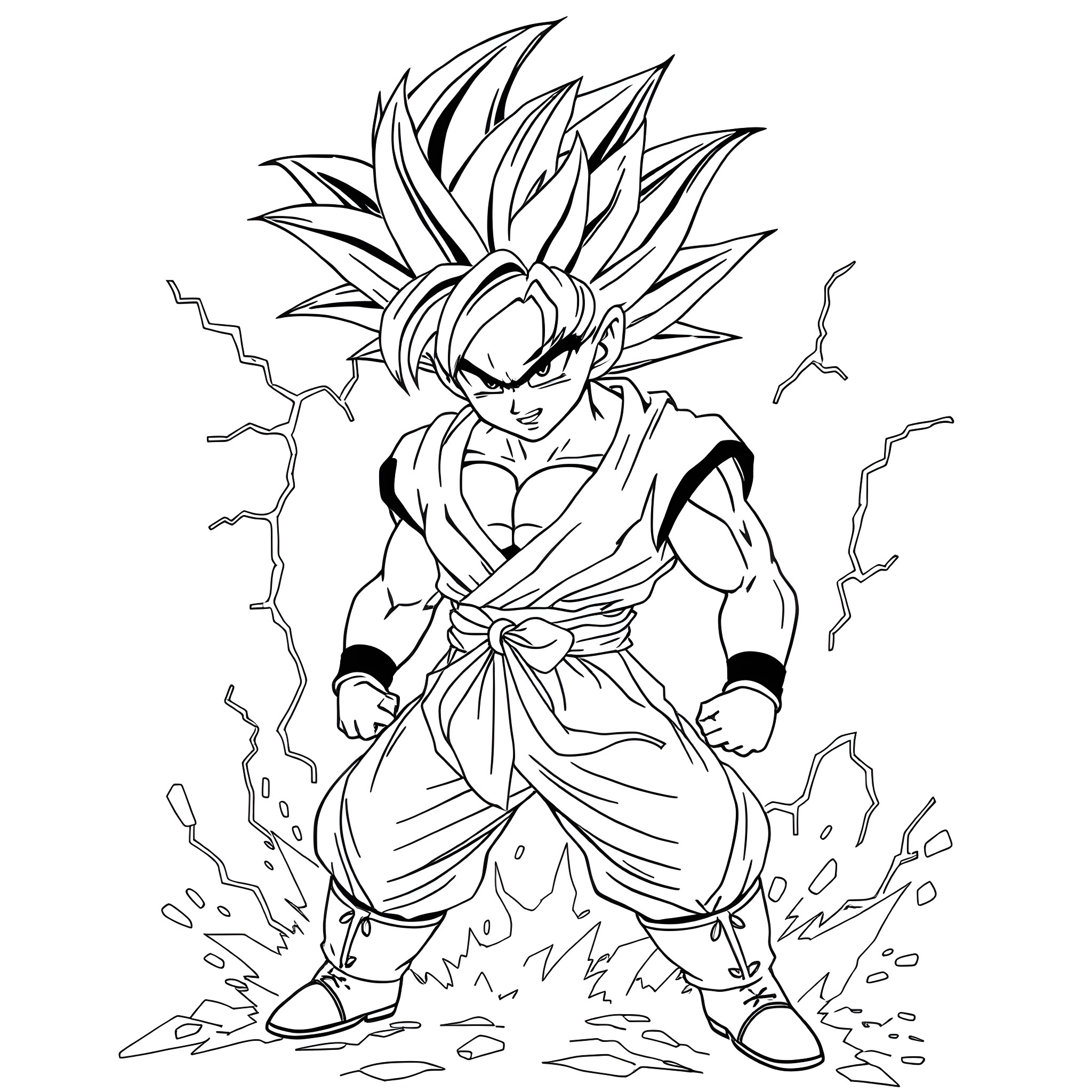 Goku's Powerful Transformation Coloring Page (free black-and-white line drawing printable PDF for all, from beginners to advanced learners, including children, teens, adults, and seniors)