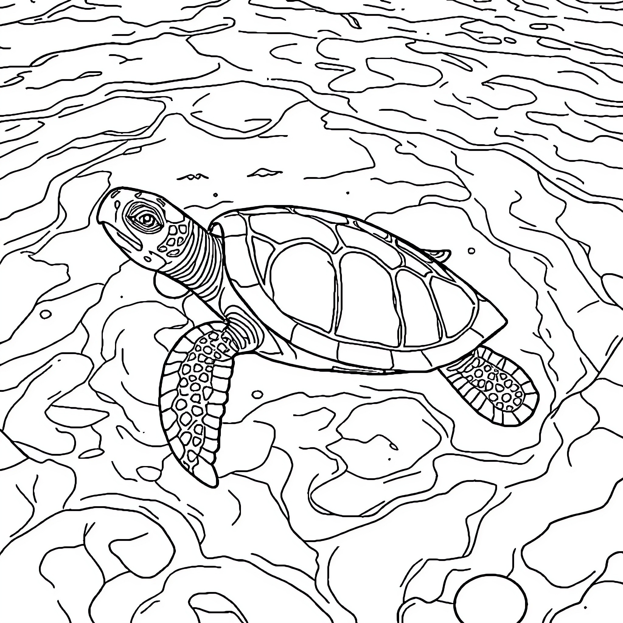 Turtle swimming in the ocean Coloring Page (free black-and-white line drawing printable PDF for all, from beginners to advanced learners, including children, teens, adults, and seniors)