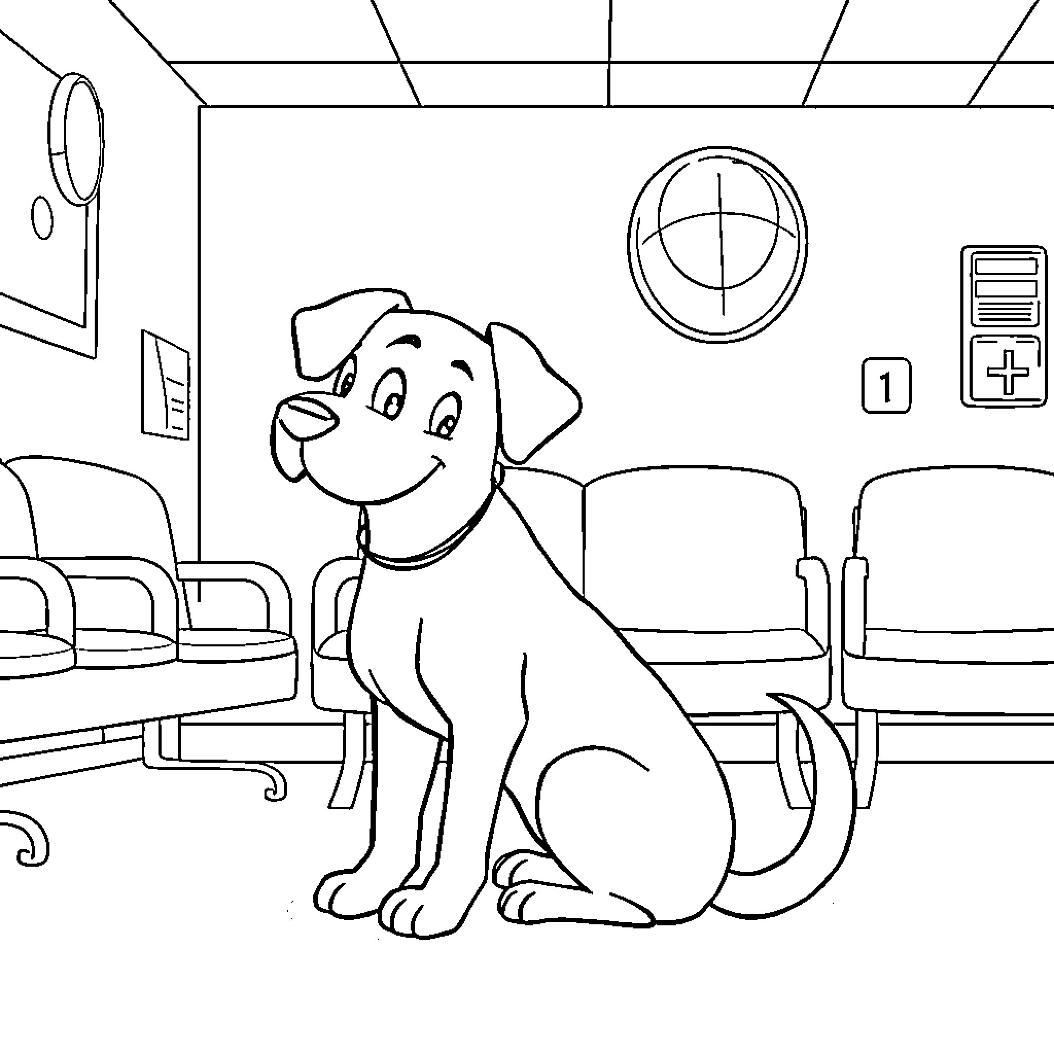 Dog waiting patiently in medical office Coloring Page (free black-and-white line drawing printable PDF for all, from beginners to advanced learners, including children, teens, adults, and seniors)