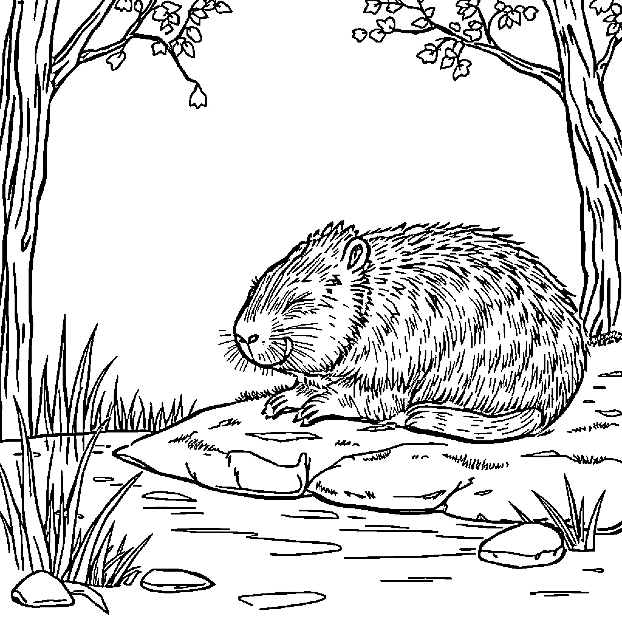 Capybara resting peacefully by the water Coloring Page (free black-and-white line drawing printable PDF for all, from beginners to advanced learners, including children, teens, adults, and seniors)