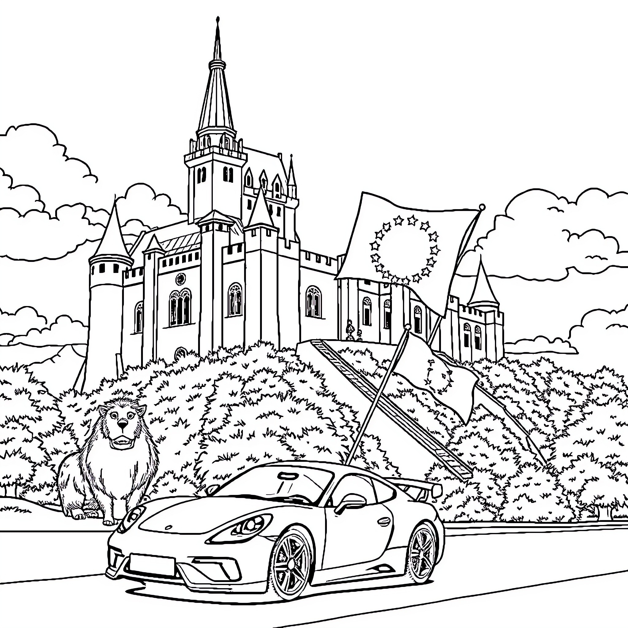 Château with sports car and lion in the garden Coloring Page (free black-and-white line drawing printable PDF for all, from beginners to advanced learners, including children, teens, adults, and seniors)
