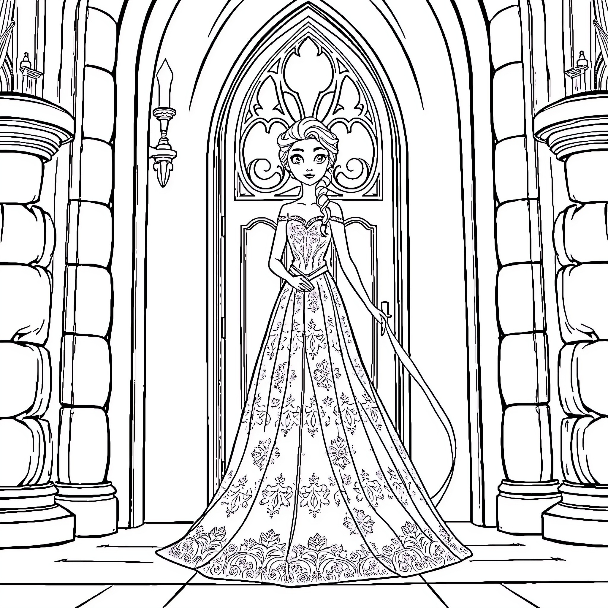 Elsa's Regal Splendor in a Majestic Castle Coloring Page (free black-and-white line drawing printable PDF for all, from beginners to advanced learners, including children, teens, adults, and seniors)