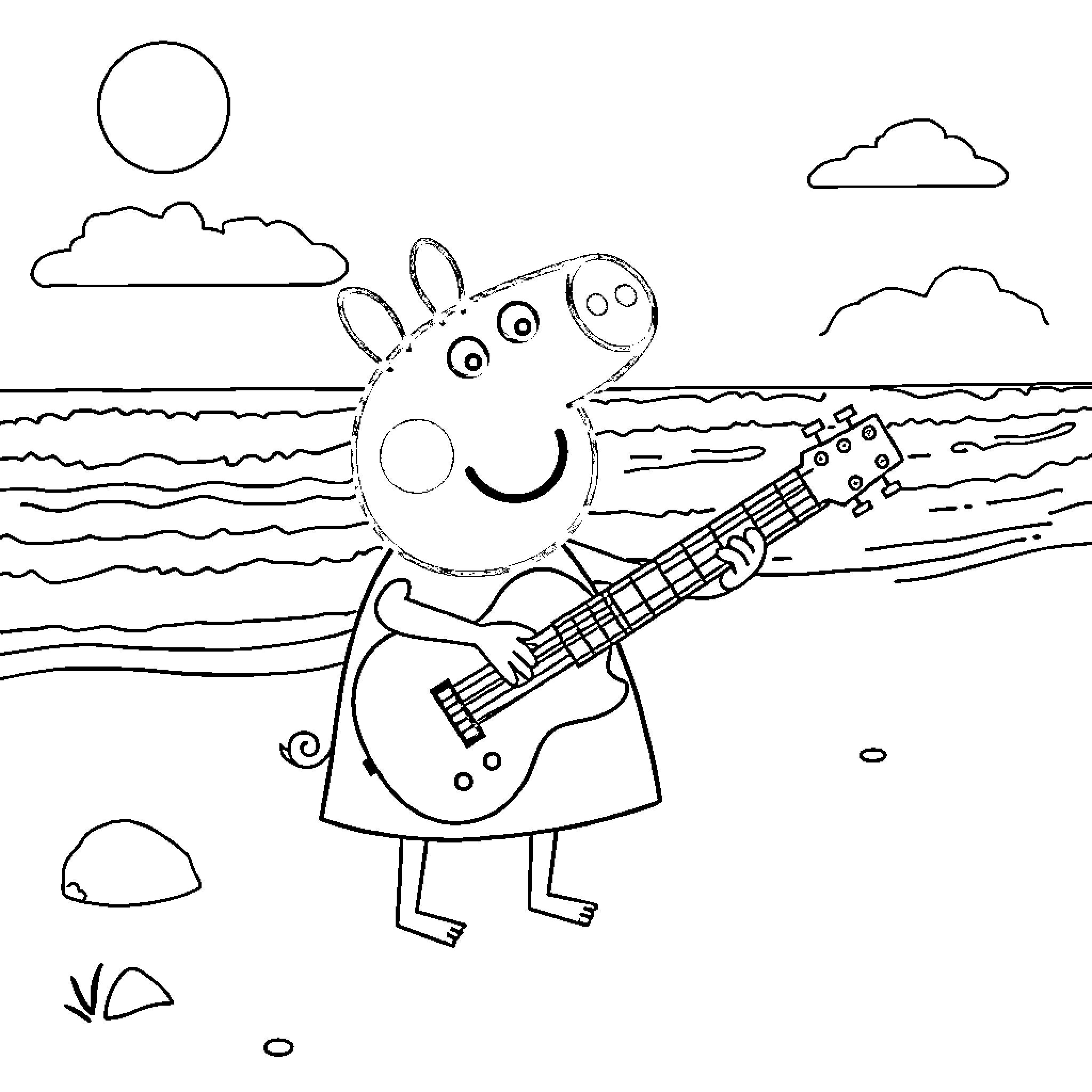 Peppa Pig playing guitar at the beach Coloring Page (free black-and-white line drawing printable PDF for all, from beginners to advanced learners, including children, teens, adults, and seniors)