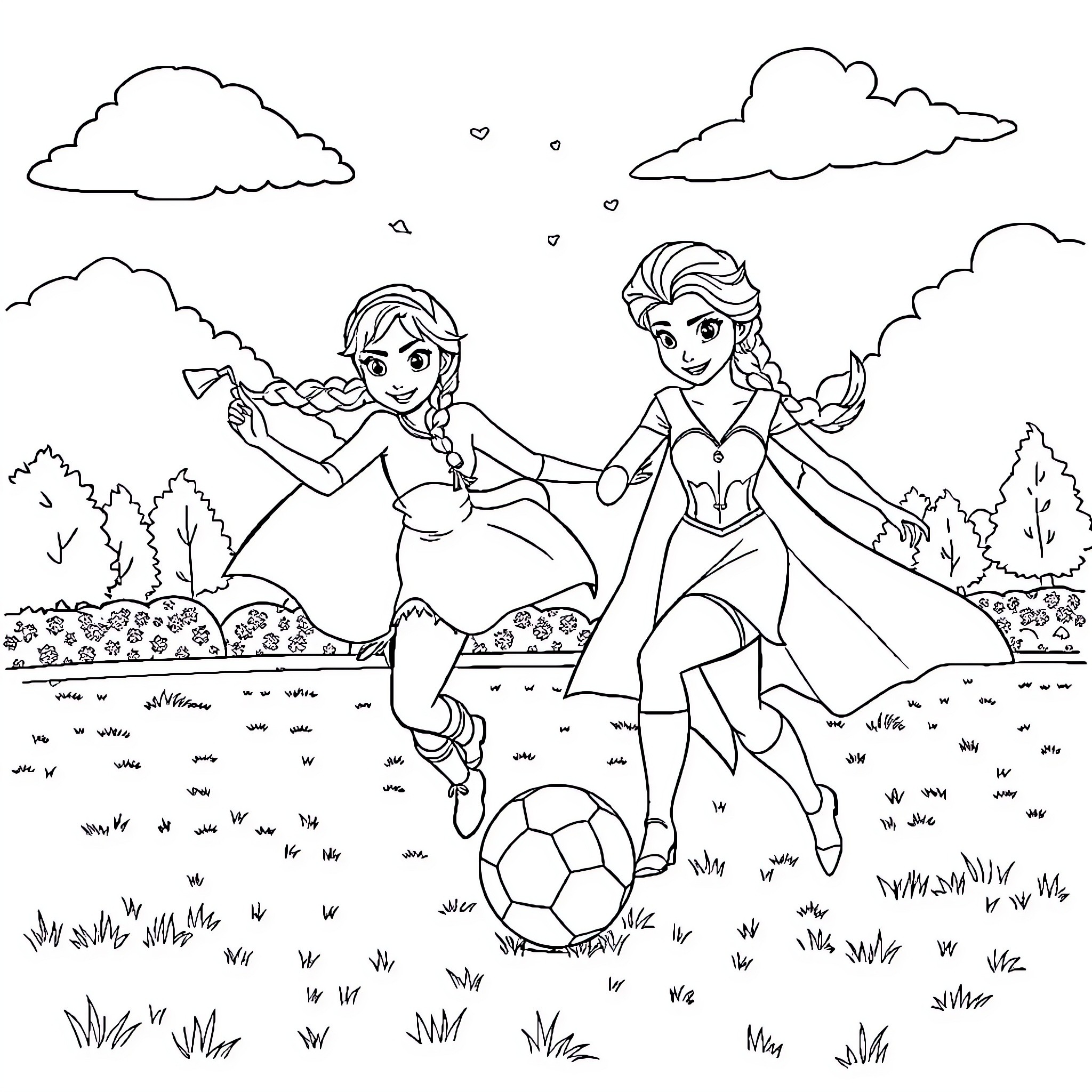 Ana and Elsa playing soccer in the park Coloring Page (free black-and-white line drawing printable PDF for all, from beginners to advanced learners, including children, teens, adults, and seniors)