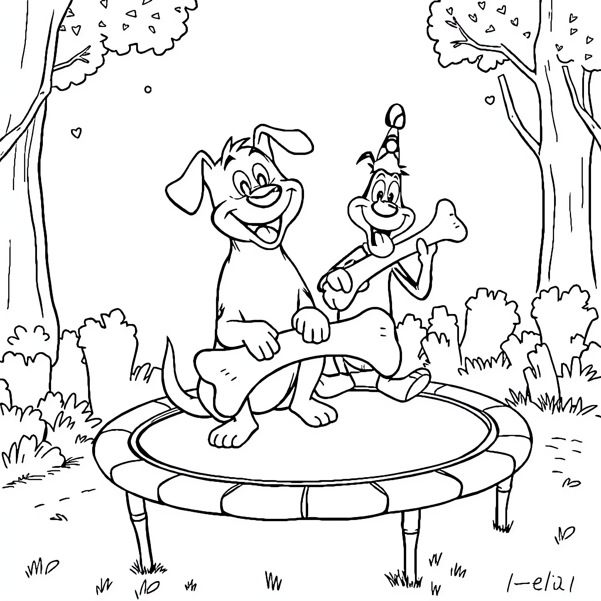 Chien playing joyfully on trampoline in forest Coloring Page (free black-and-white line drawing printable PDF for all, from beginners to advanced learners, including children, teens, adults, and seniors)