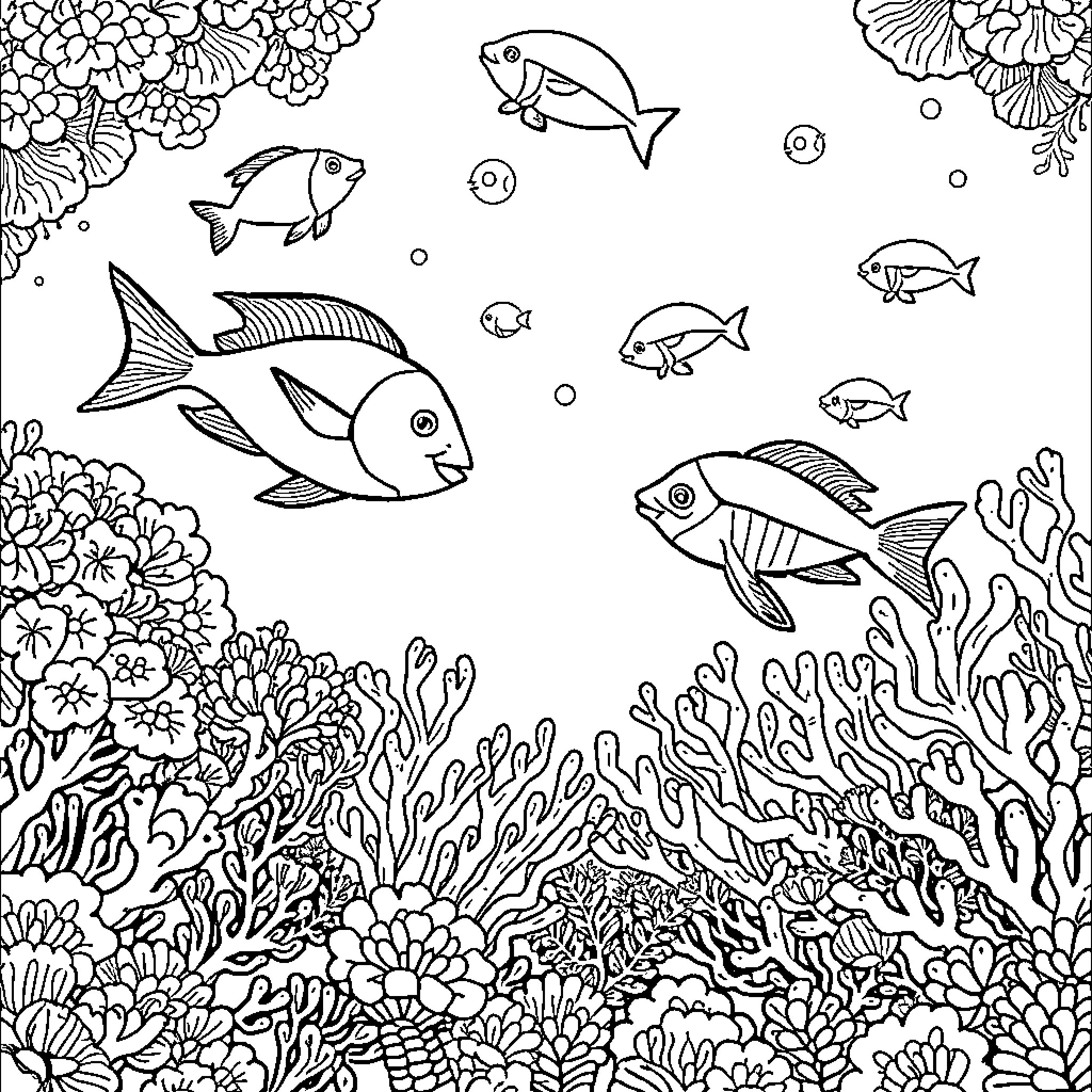 Sea Life Underwater Adventure Coloring Page (free black-and-white line drawing printable PDF for all, from beginners to advanced learners, including children, teens, adults, and seniors)