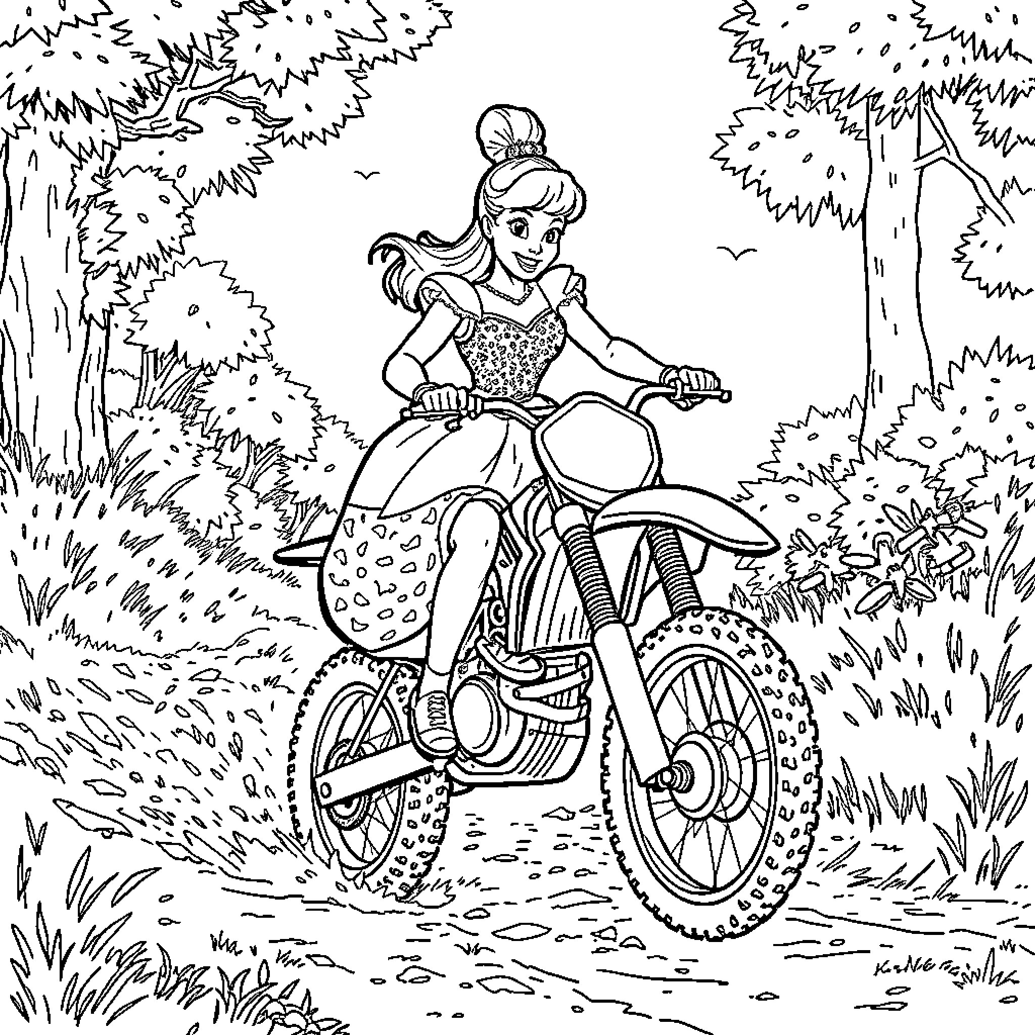 Cinderella riding a motorcycle through a forest Coloring Page (free black-and-white line drawing printable PDF for all, from beginners to advanced learners, including children, teens, adults, and seniors)