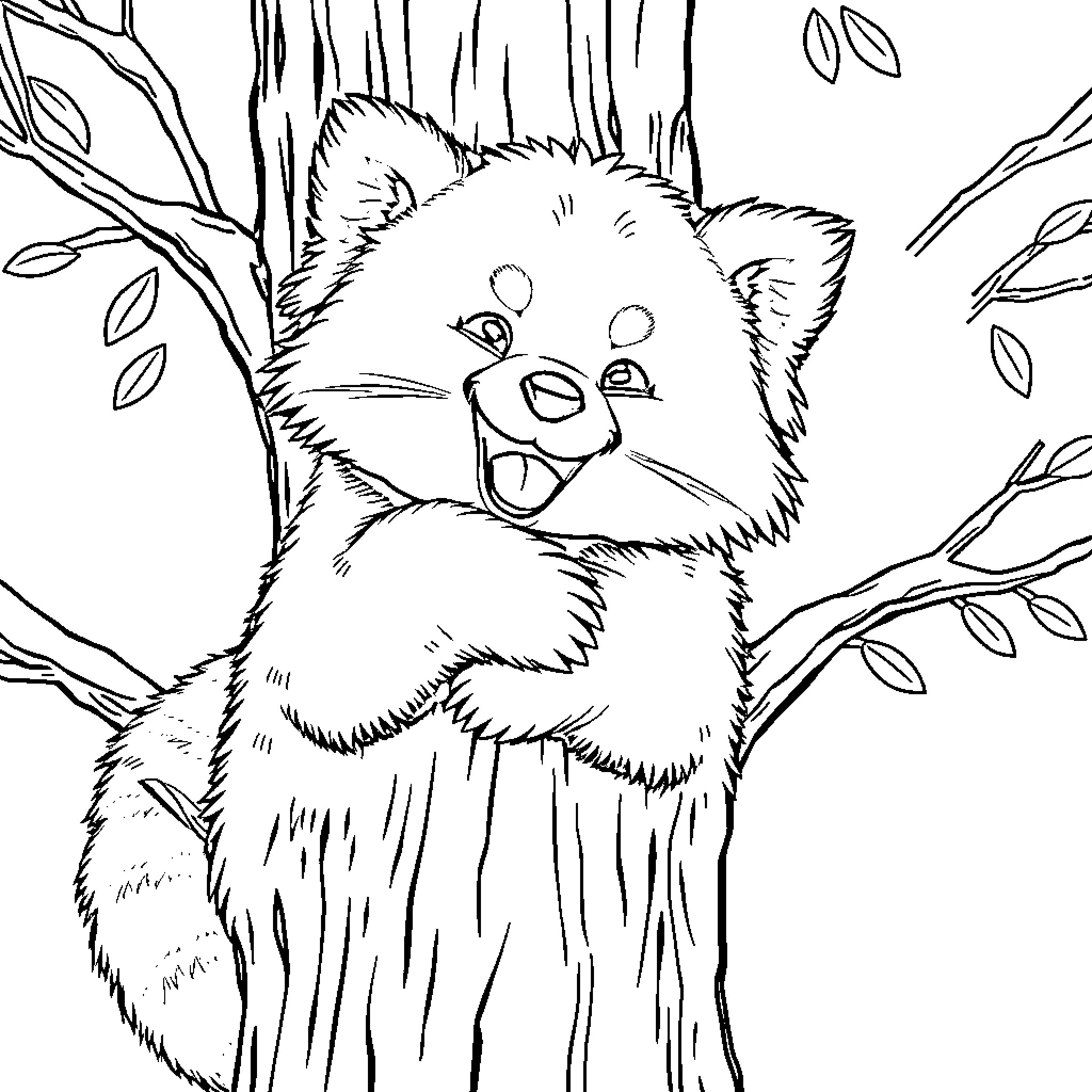 Red Panda happily sitting on a tree branch Coloring Page (free black-and-white line drawing printable PDF for all, from beginners to advanced learners, including children, teens, adults, and seniors)