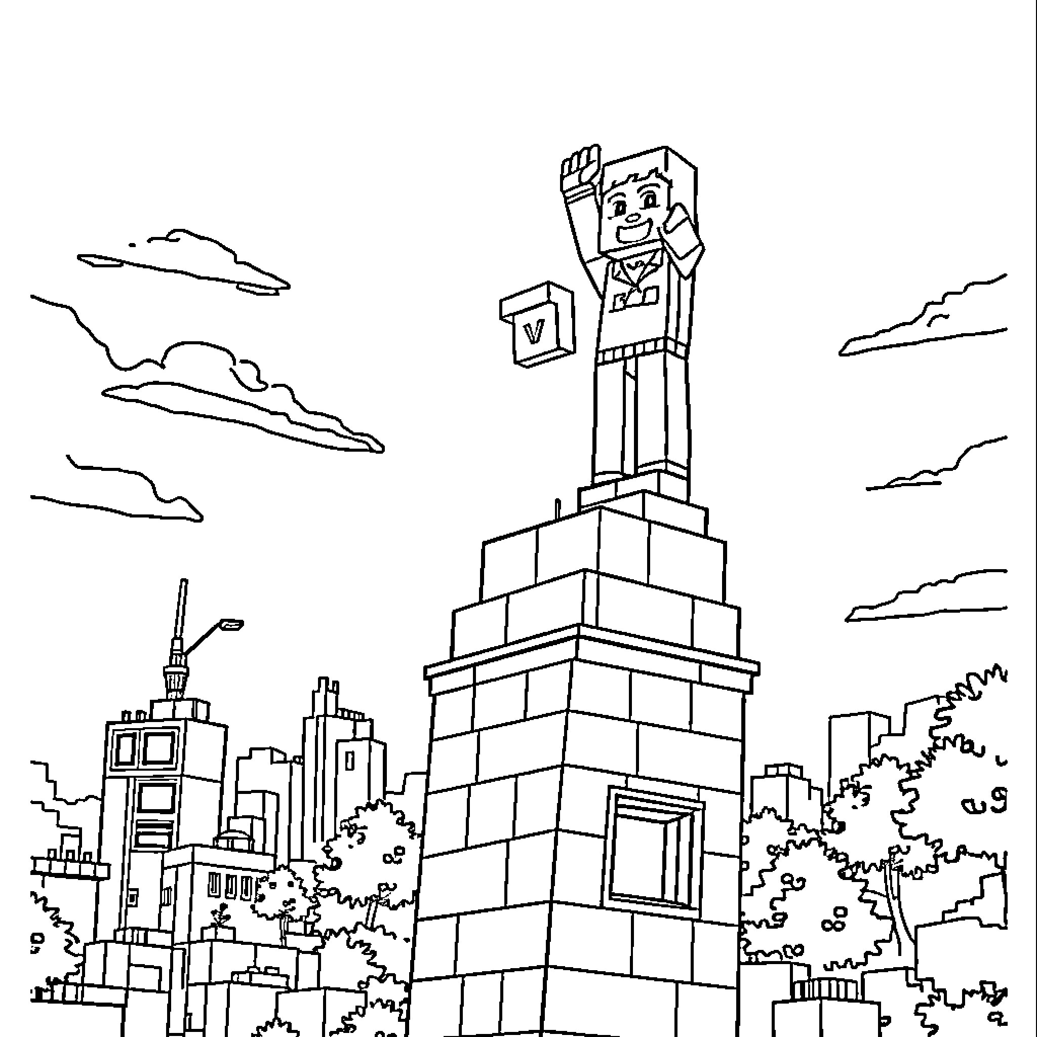 Minecraft character exploring the urban cityscape Coloring Page (free black-and-white line drawing printable PDF for all, from beginners to advanced learners, including children, teens, adults, and seniors)