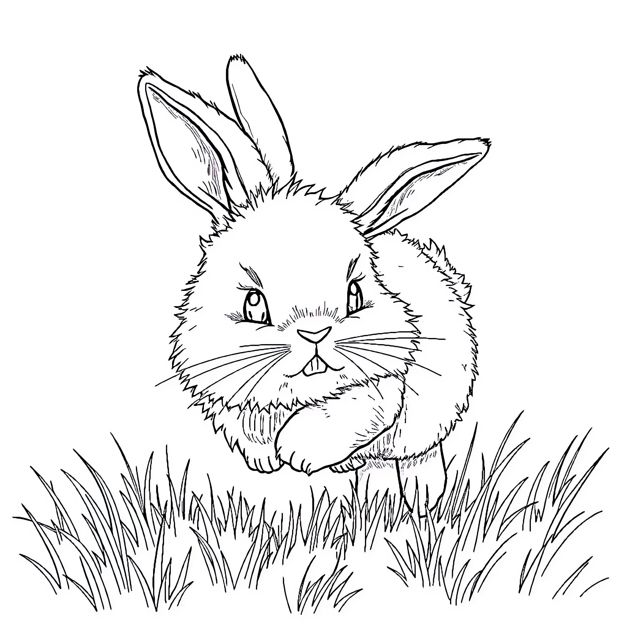 Bunny exploring grassy field with curiosity Coloring Page (free black-and-white line drawing printable PDF for all, from beginners to advanced learners, including children, teens, adults, and seniors)