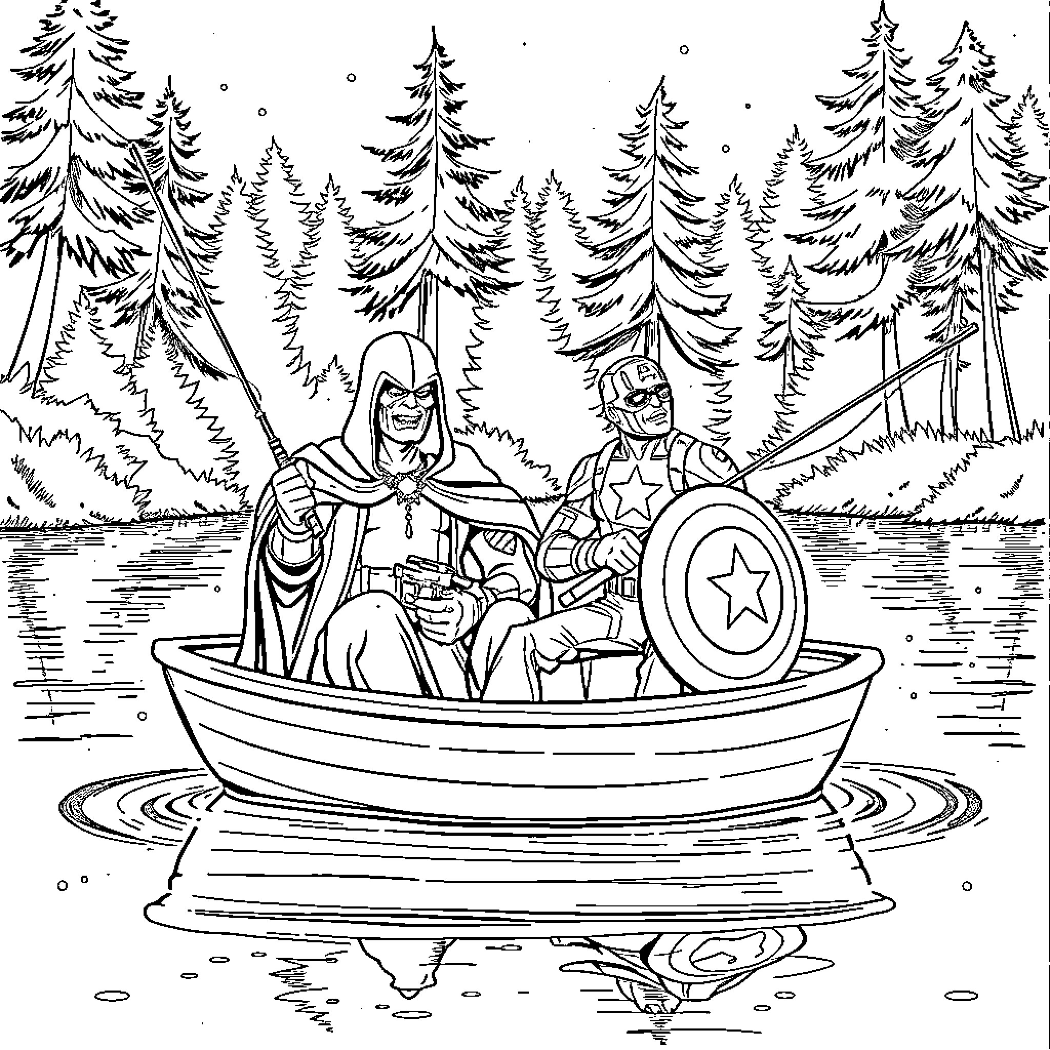 Dr. Doom and Captain America in a Boat on the Lake Coloring Page (free black-and-white line drawing printable PDF for all, from beginners to advanced learners, including children, teens, adults, and seniors)