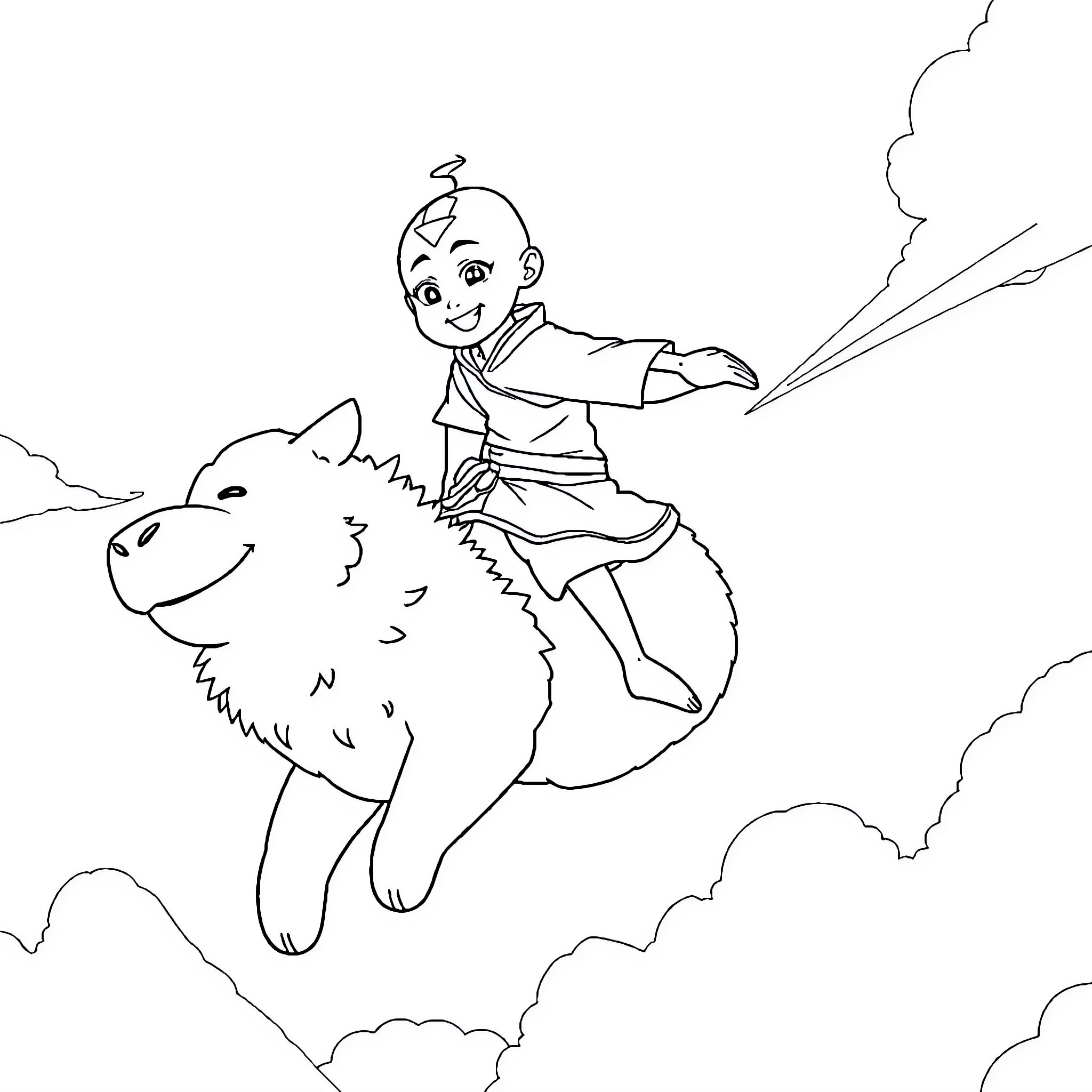 Aang riding an air bison through the clouds Coloring Page (free black-and-white line drawing printable PDF for all, from beginners to advanced learners, including children, teens, adults, and seniors)