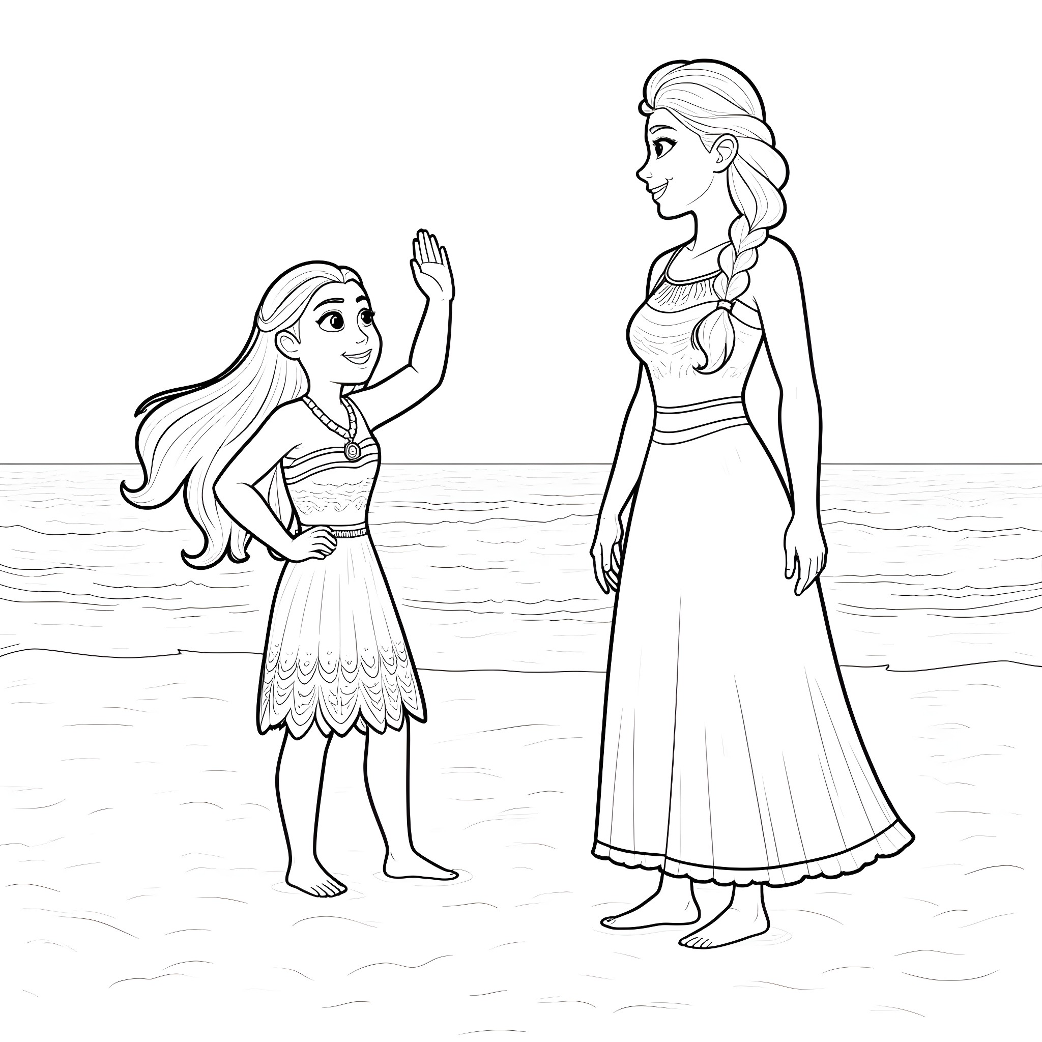 Moana and Daughter Exploring the Ocean Coloring Page (free black-and-white line drawing printable PDF for all, from beginners to advanced learners, including children, teens, adults, and seniors)