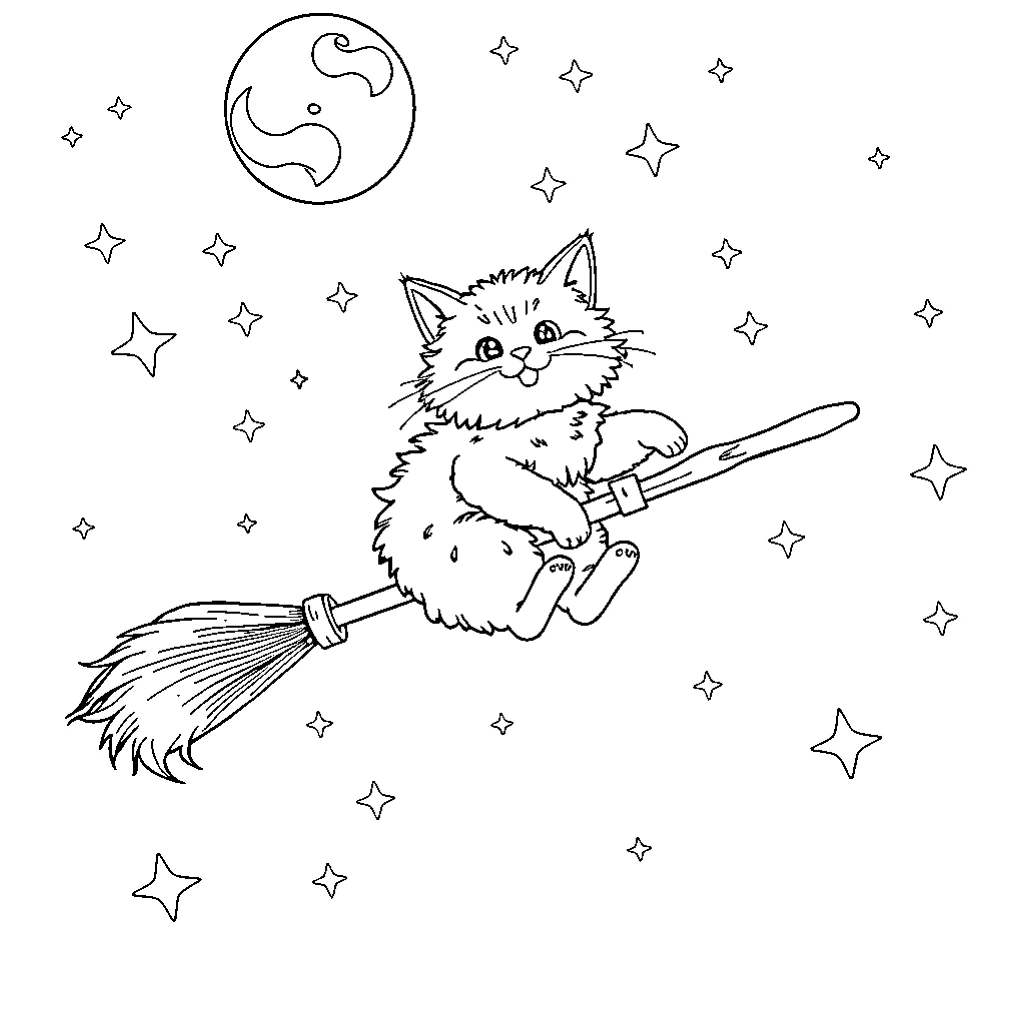 Cat riding a broom under the starry night sky Coloring Page (free black-and-white line drawing printable PDF for all, from beginners to advanced learners, including children, teens, adults, and seniors)