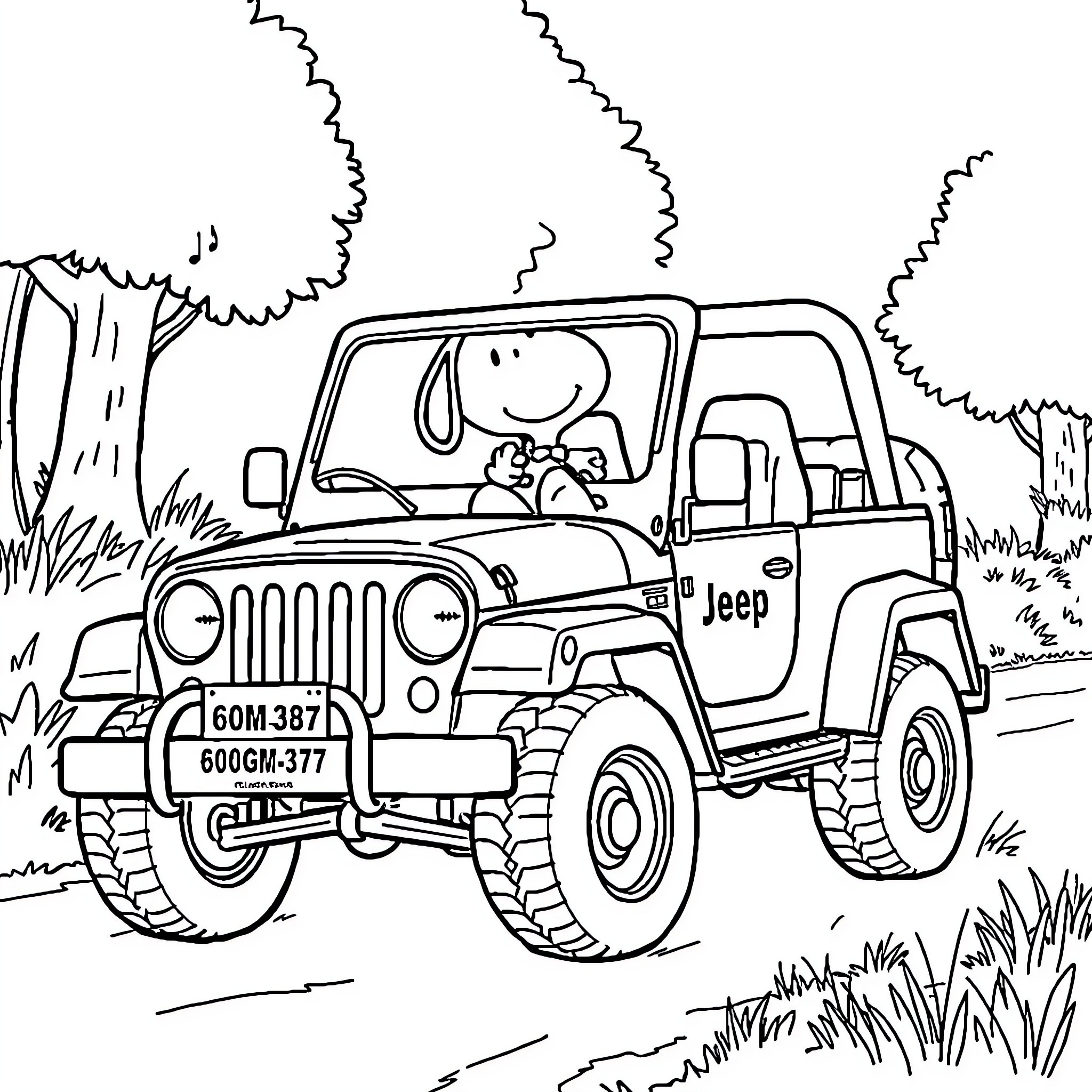 Snoopy driving a rugged Jeep in the wilderness Coloring Page (free black-and-white line drawing printable PDF for all, from beginners to advanced learners, including children, teens, adults, and seniors)