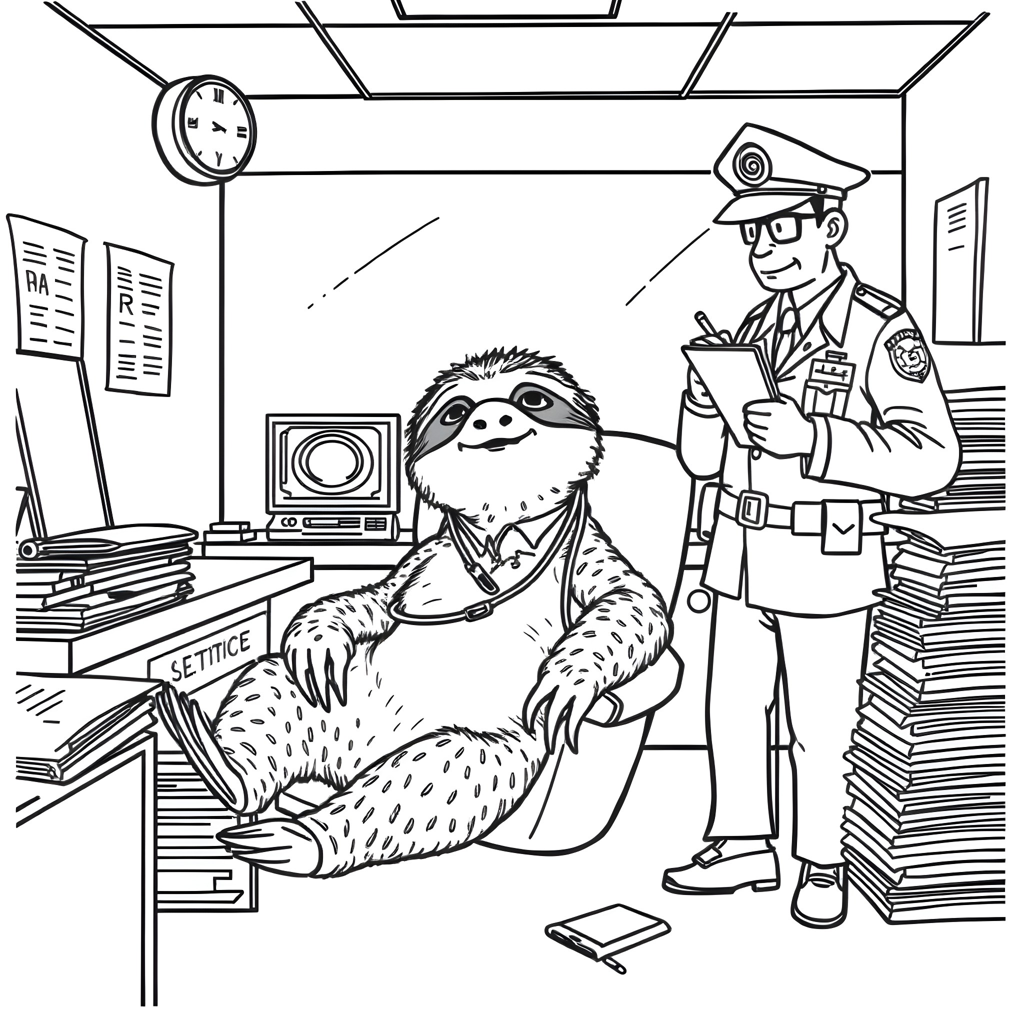 Sloth's Unexpected Encounter with Security Guard Coloring Page (free black-and-white line drawing printable PDF for all, from beginners to advanced learners, including children, teens, adults, and seniors)