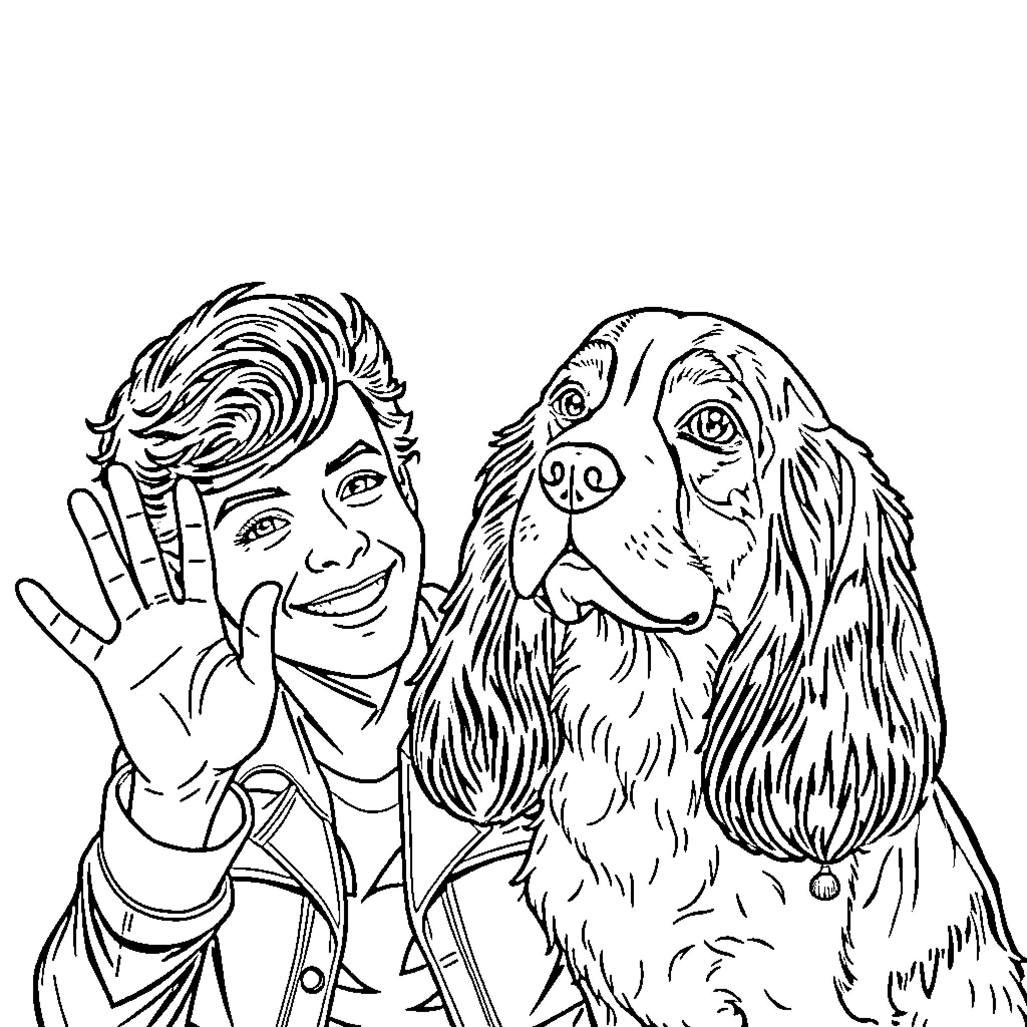 Harry Styles Posing Playfully with a Loyal Companion Coloring Page (free black-and-white line drawing printable PDF for all, from beginners to advanced learners, including children, teens, adults, and seniors)
