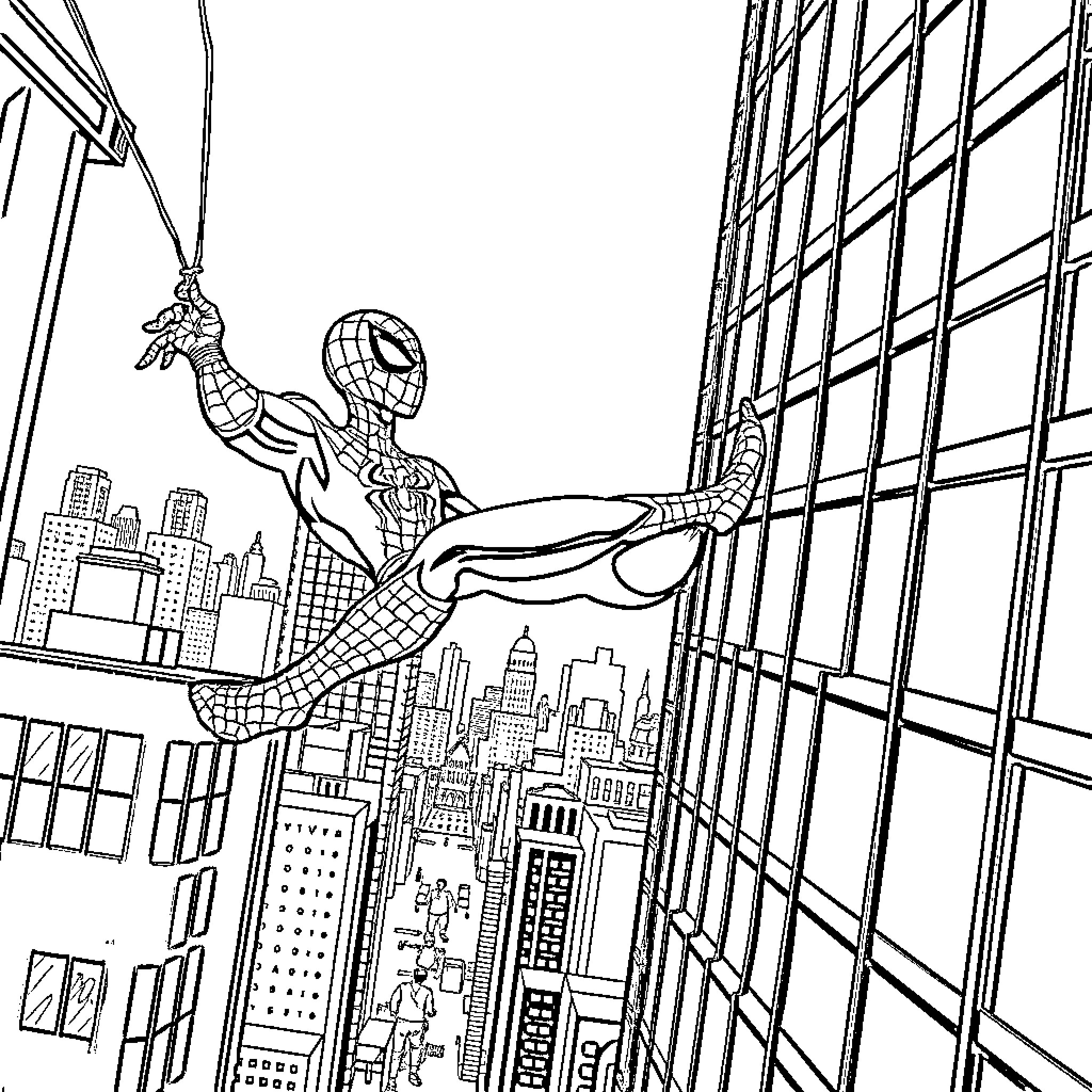 Spiderman swinging through the city skyline Coloring Page (free black-and-white line drawing printable PDF for all, from beginners to advanced learners, including children, teens, adults, and seniors)