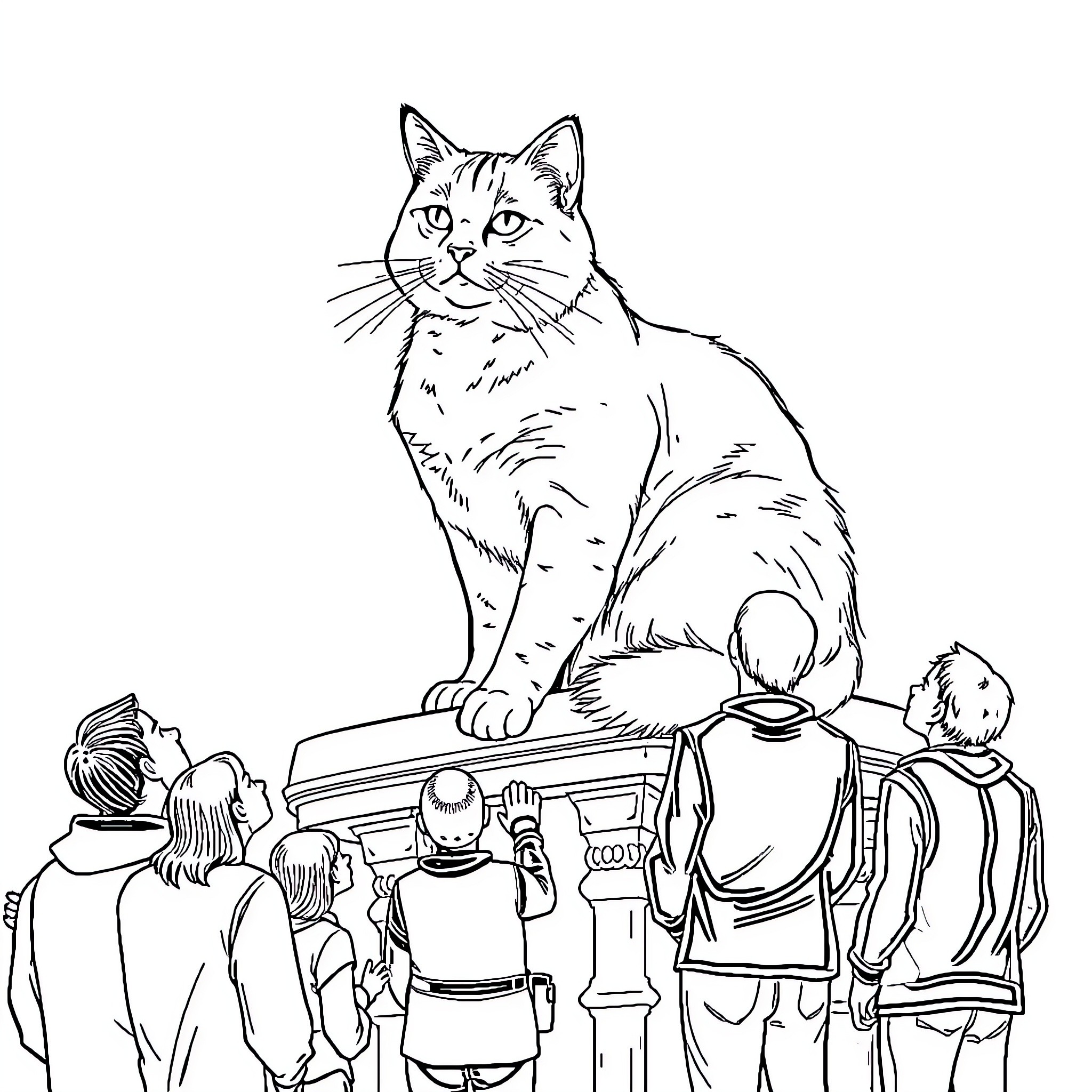 Cat observing curious humans from above Coloring Page (free black-and-white line drawing printable PDF for all, from beginners to advanced learners, including children, teens, adults, and seniors)