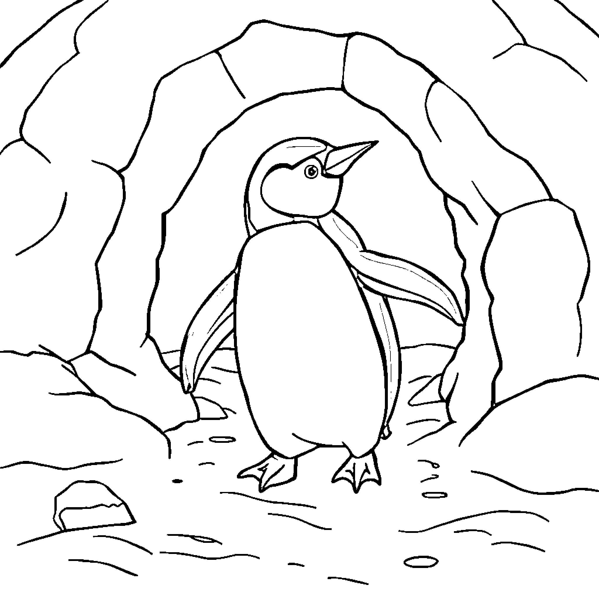 Penguin exploring icy cave Coloring Page (free black-and-white line drawing printable PDF for all, from beginners to advanced learners, including children, teens, adults, and seniors)